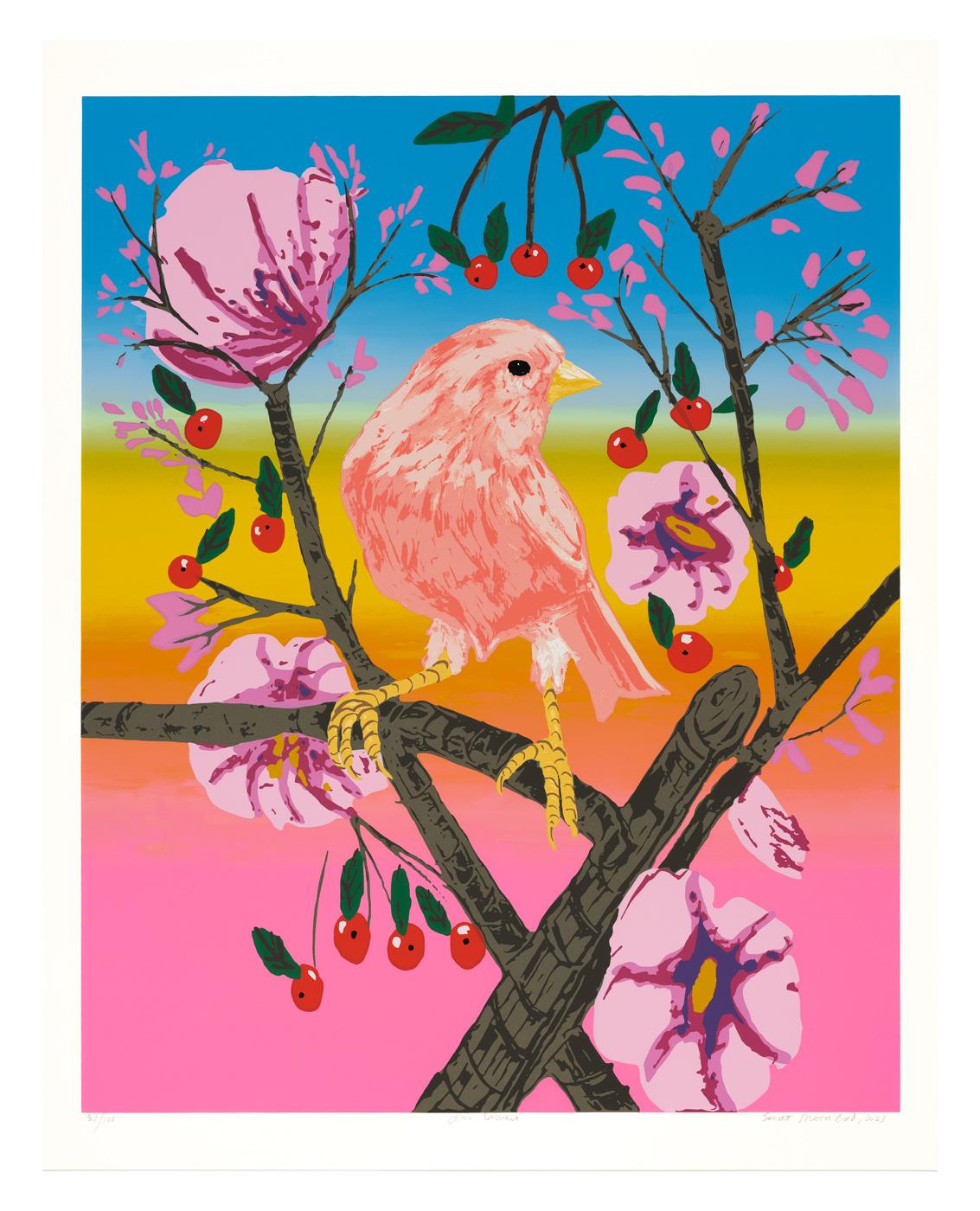 Ann Craven  Animal Print – Sonnenuntergang Mond Vogel