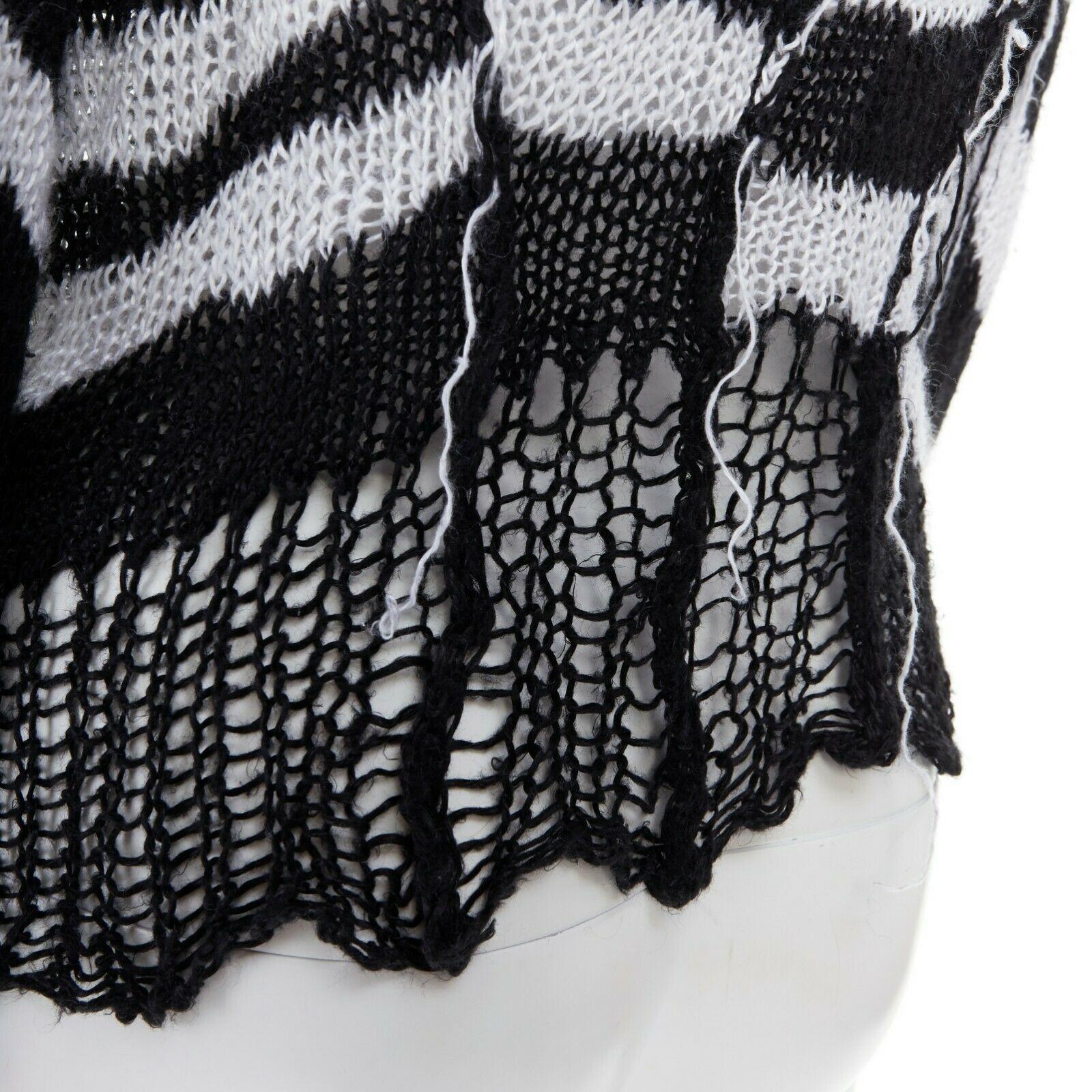 ANN DEMEULEMEESTER 100% linen black white stripe holey knit punk cardigan FR36 S 2