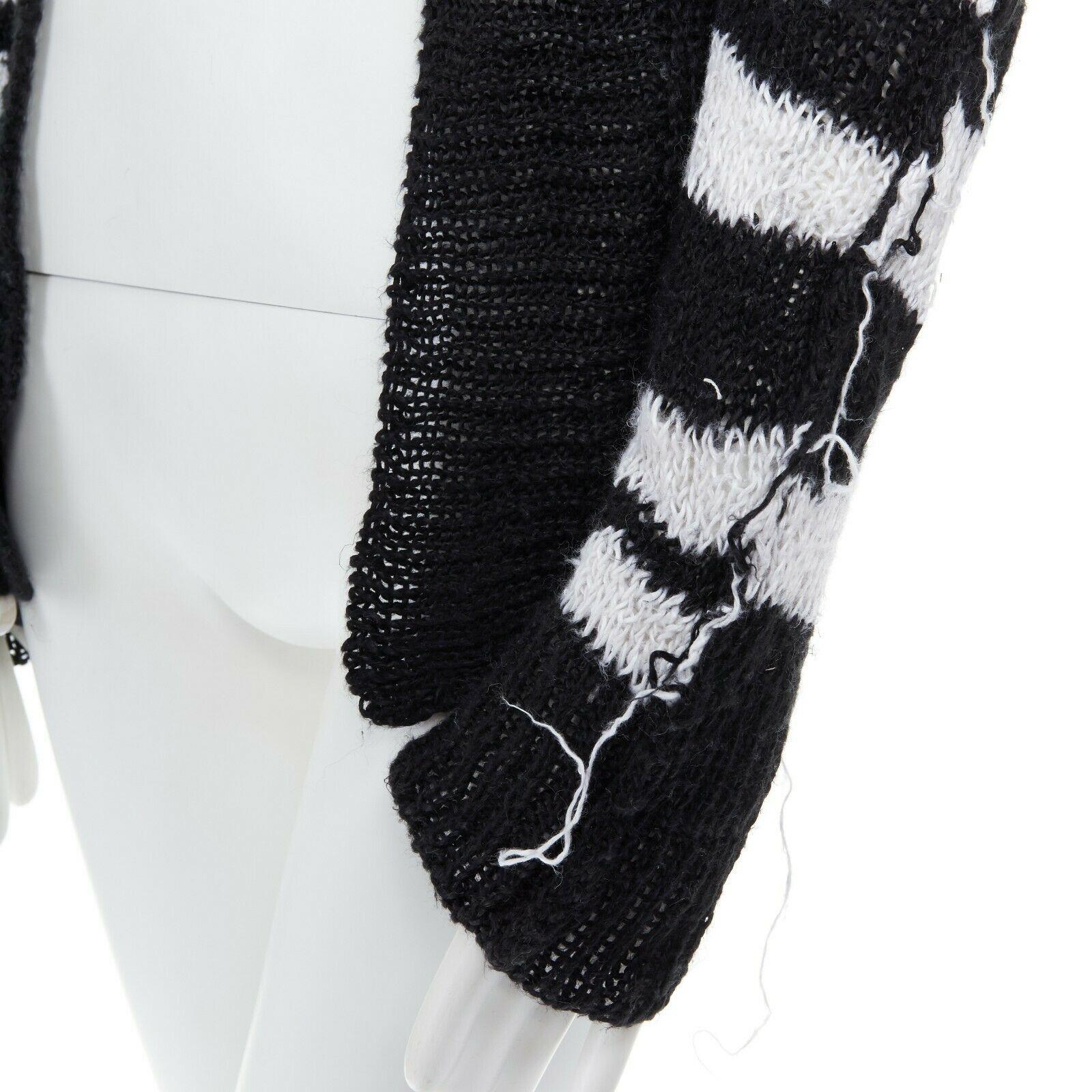 ANN DEMEULEMEESTER 100% linen black white stripe holey knit punk cardigan FR36 S 3