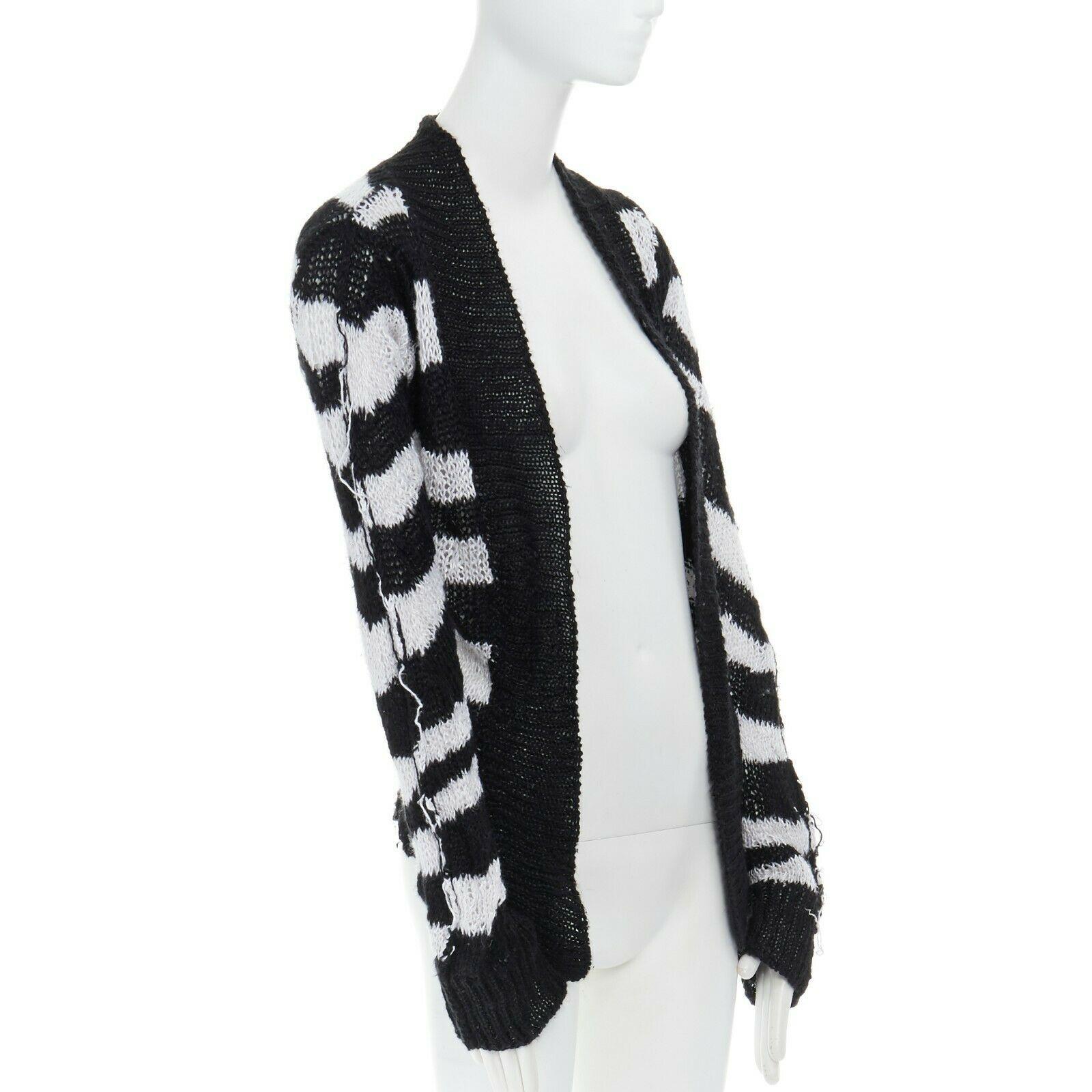 Black ANN DEMEULEMEESTER 100% linen black white stripe holey knit punk cardigan FR36 S