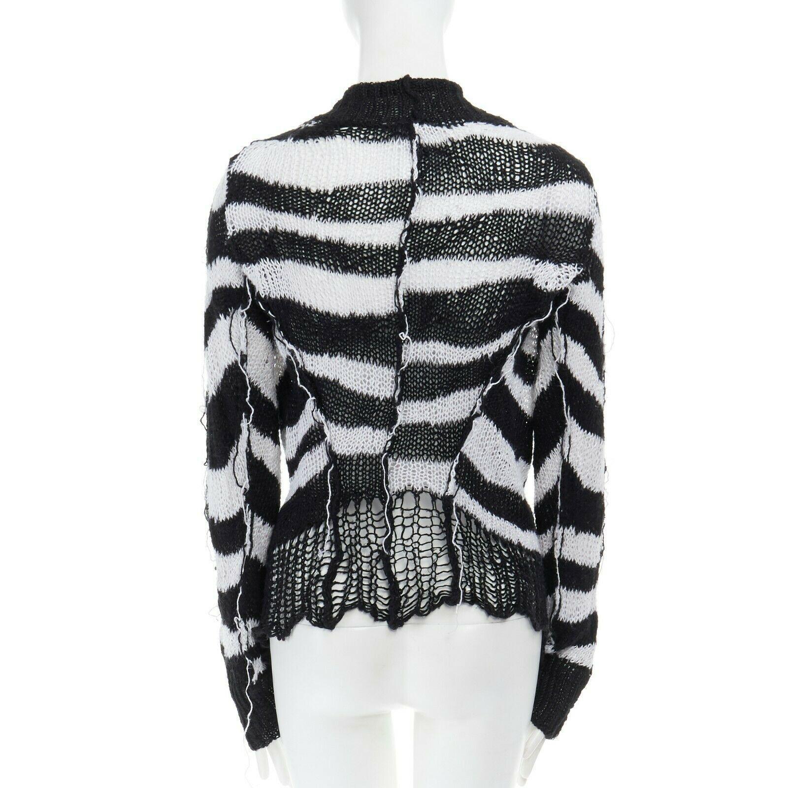 ANN DEMEULEMEESTER 100% linen black white stripe holey knit punk cardigan FR36 S In Excellent Condition In Hong Kong, NT