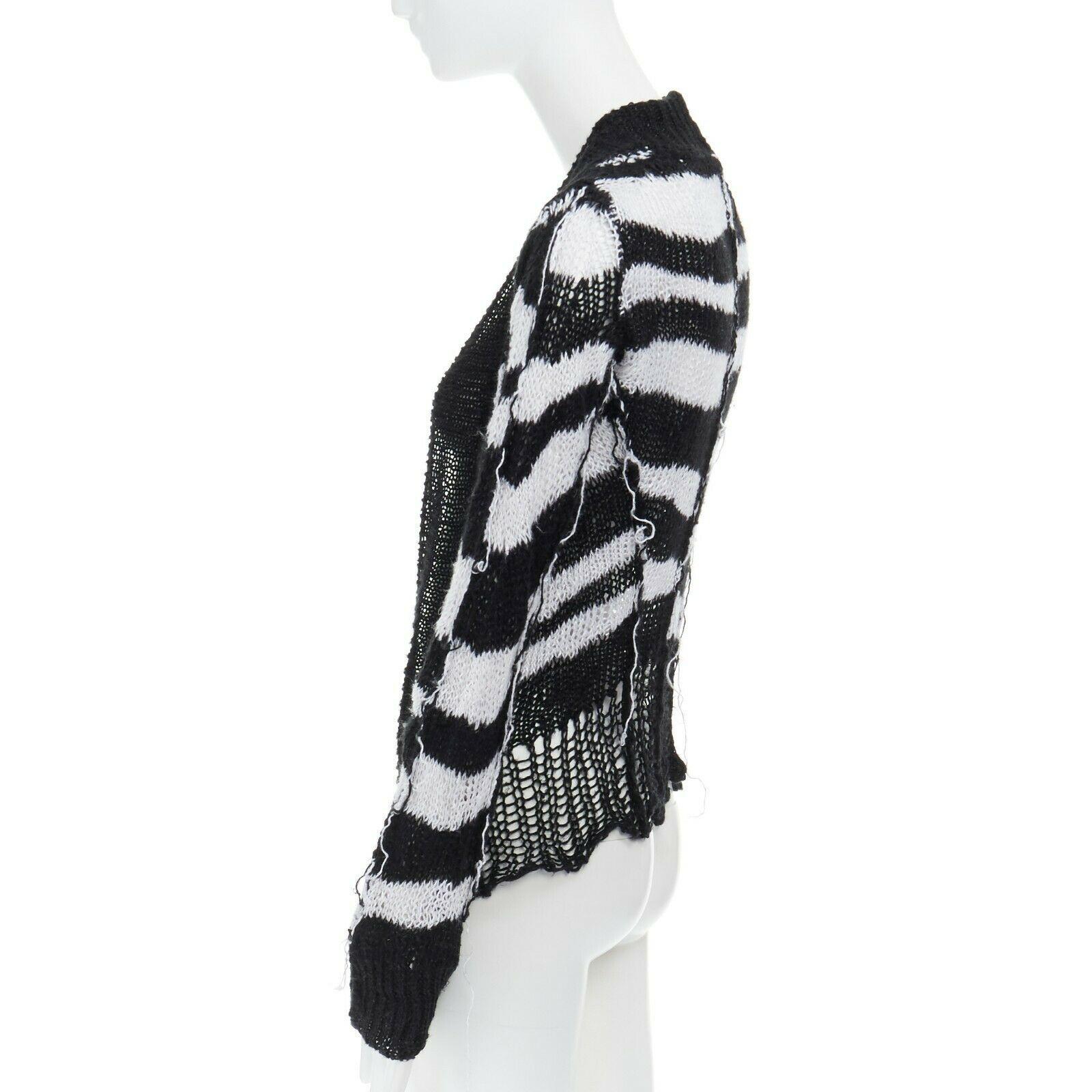 Women's ANN DEMEULEMEESTER 100% linen black white stripe holey knit punk cardigan FR36 S