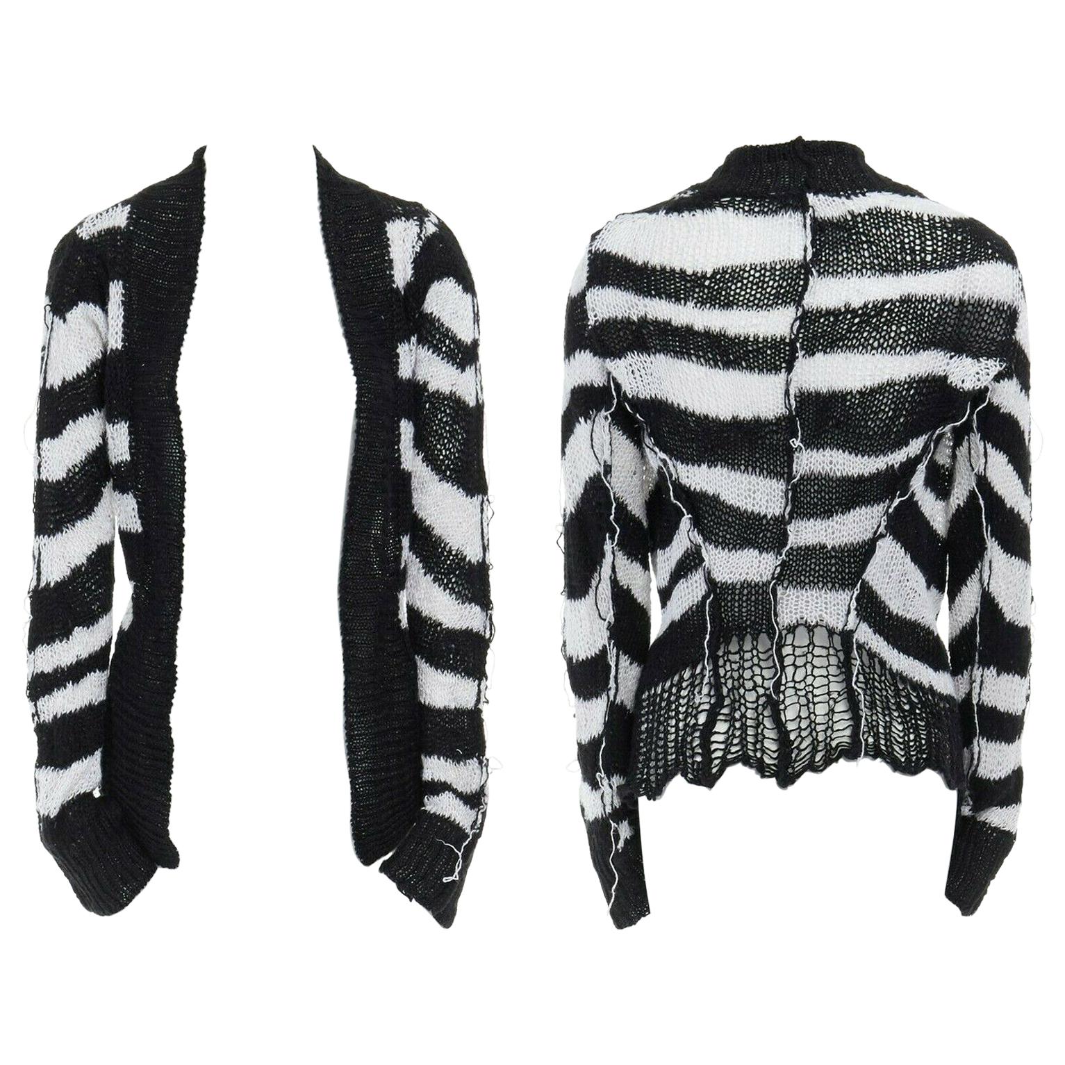 ANN DEMEULEMEESTER 100% linen black white stripe holey knit punk cardigan FR36 S
