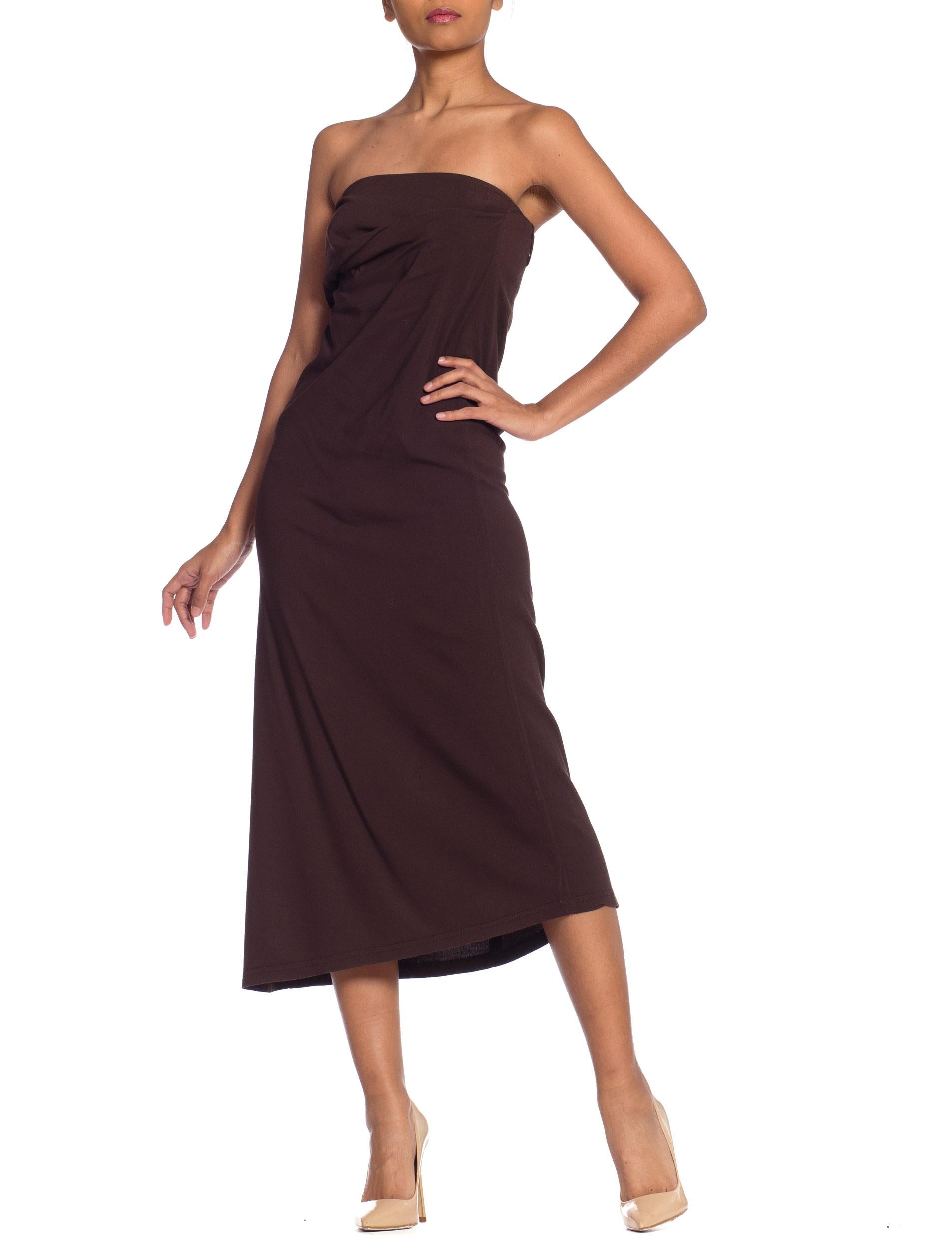 Women's 1990S ANN DEMEULEMEESTER Chocolate Brown Silk Stretch Minimal Strapless Dress