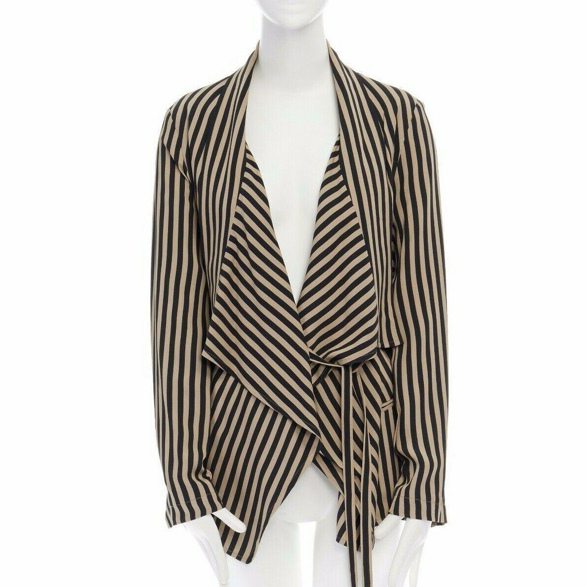 Beige ANN DEMEULEMEESTER beige black striped draped tie waist silk jacket FR36 US2 S