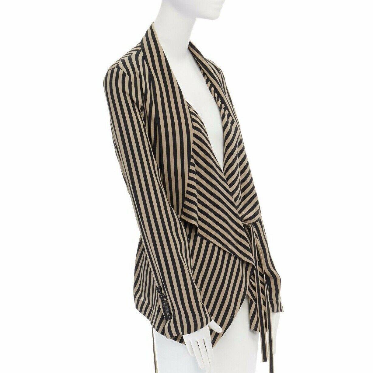 ANN DEMEULEMEESTER beige black striped draped tie waist silk jacket FR36 US2 S In Excellent Condition In Hong Kong, NT