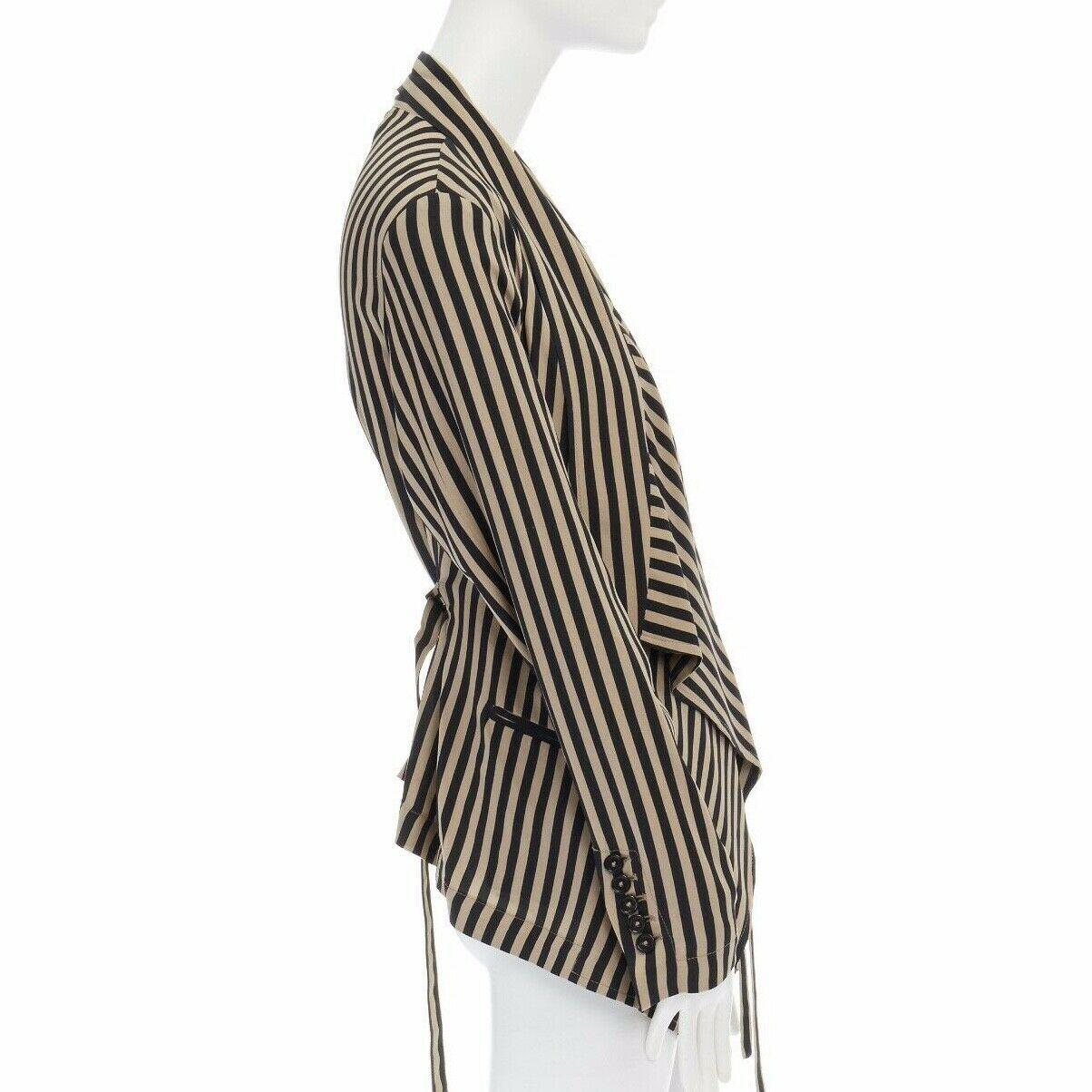 Women's ANN DEMEULEMEESTER beige black striped draped tie waist silk jacket FR36 US2 S