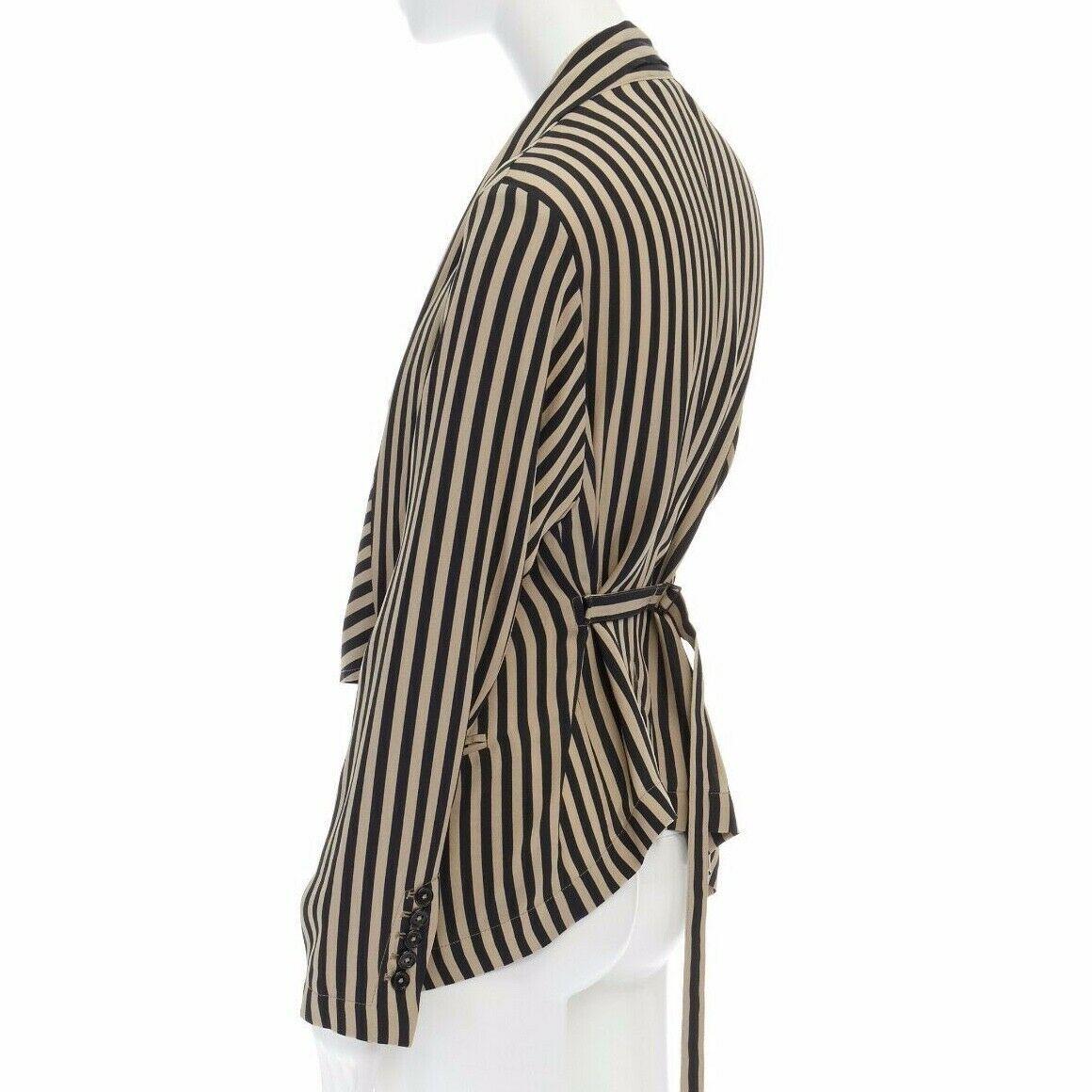 ANN DEMEULEMEESTER beige black striped draped tie waist silk jacket FR36 US2 S 1