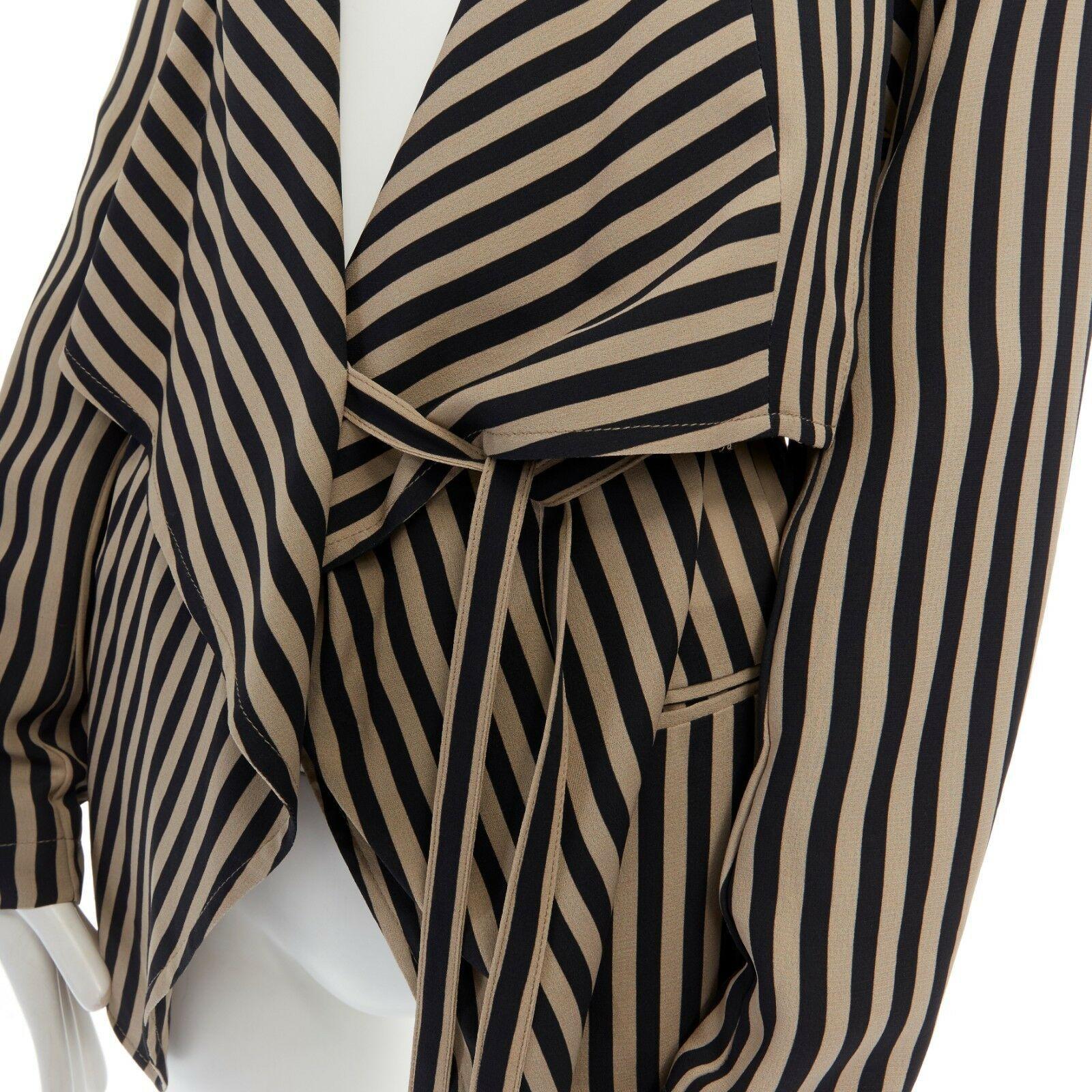 ANN DEMEULEMEESTER beige black striped draped tie waist silk jacket FR36 US2 S 2