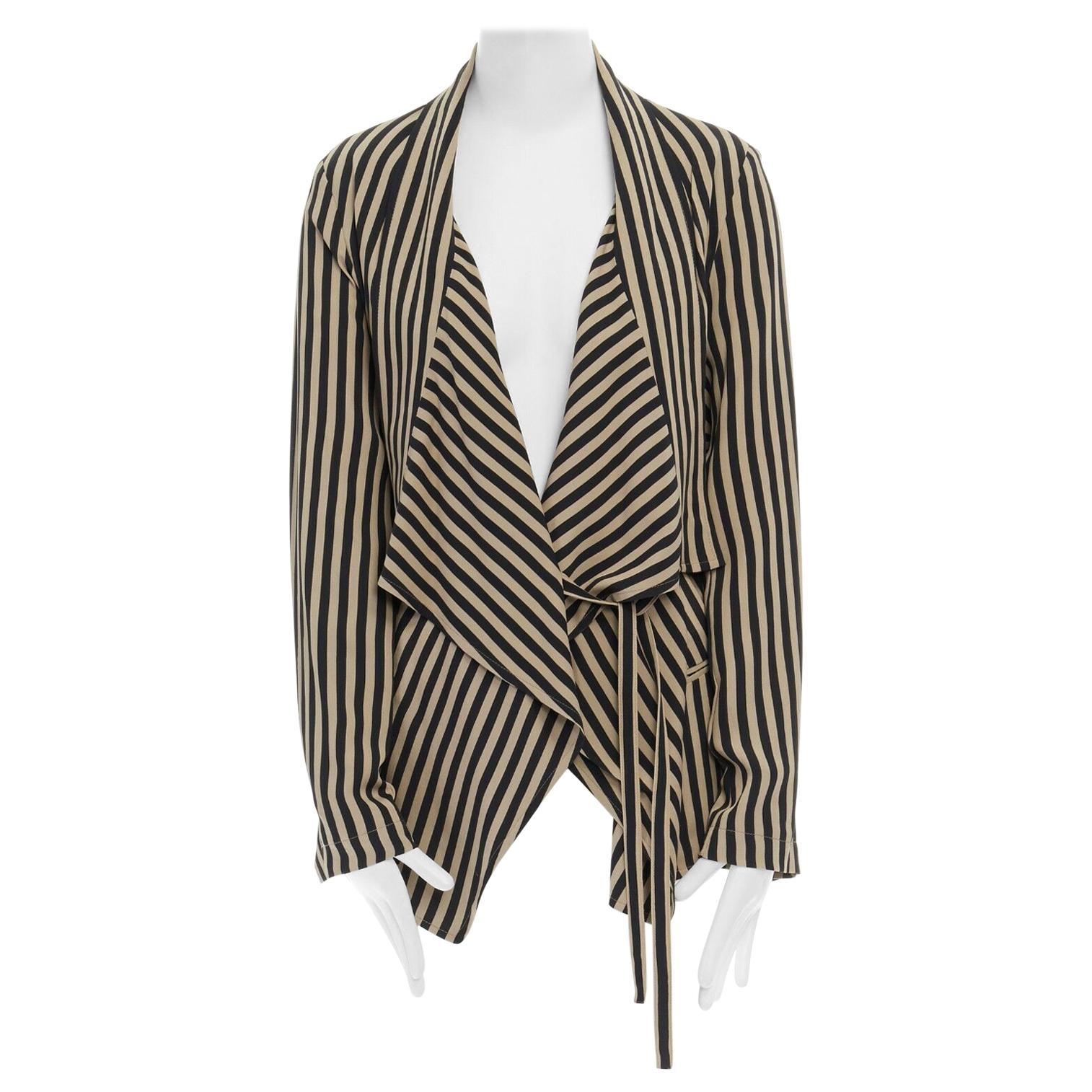 ANN DEMEULEMEESTER beige black striped draped tie waist silk jacket FR36 US2 S