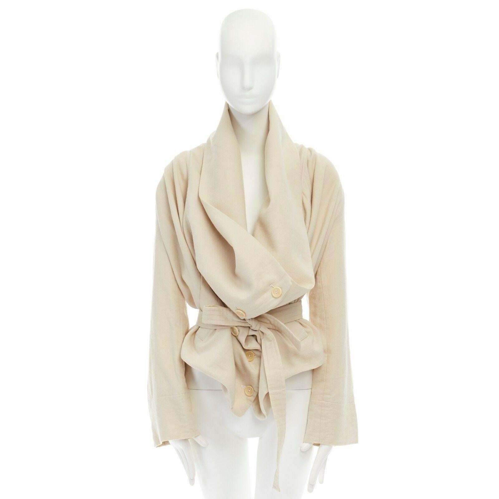 ANN DEMEULEMEESTER beige wool linen draped collar belted oversized jacket FR36 S In Excellent Condition In Hong Kong, NT