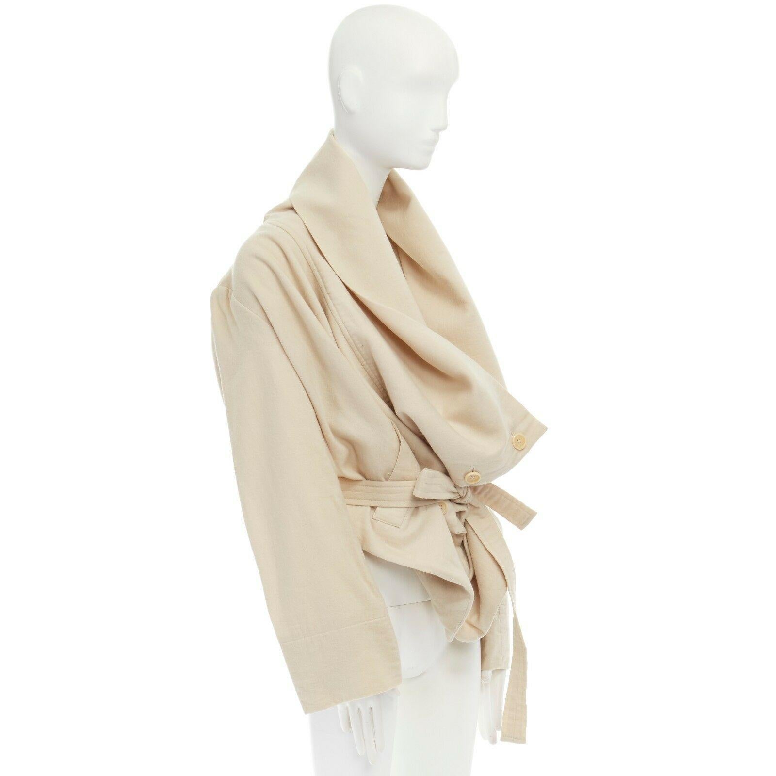 Women's ANN DEMEULEMEESTER beige wool linen draped collar belted oversized jacket FR36 S