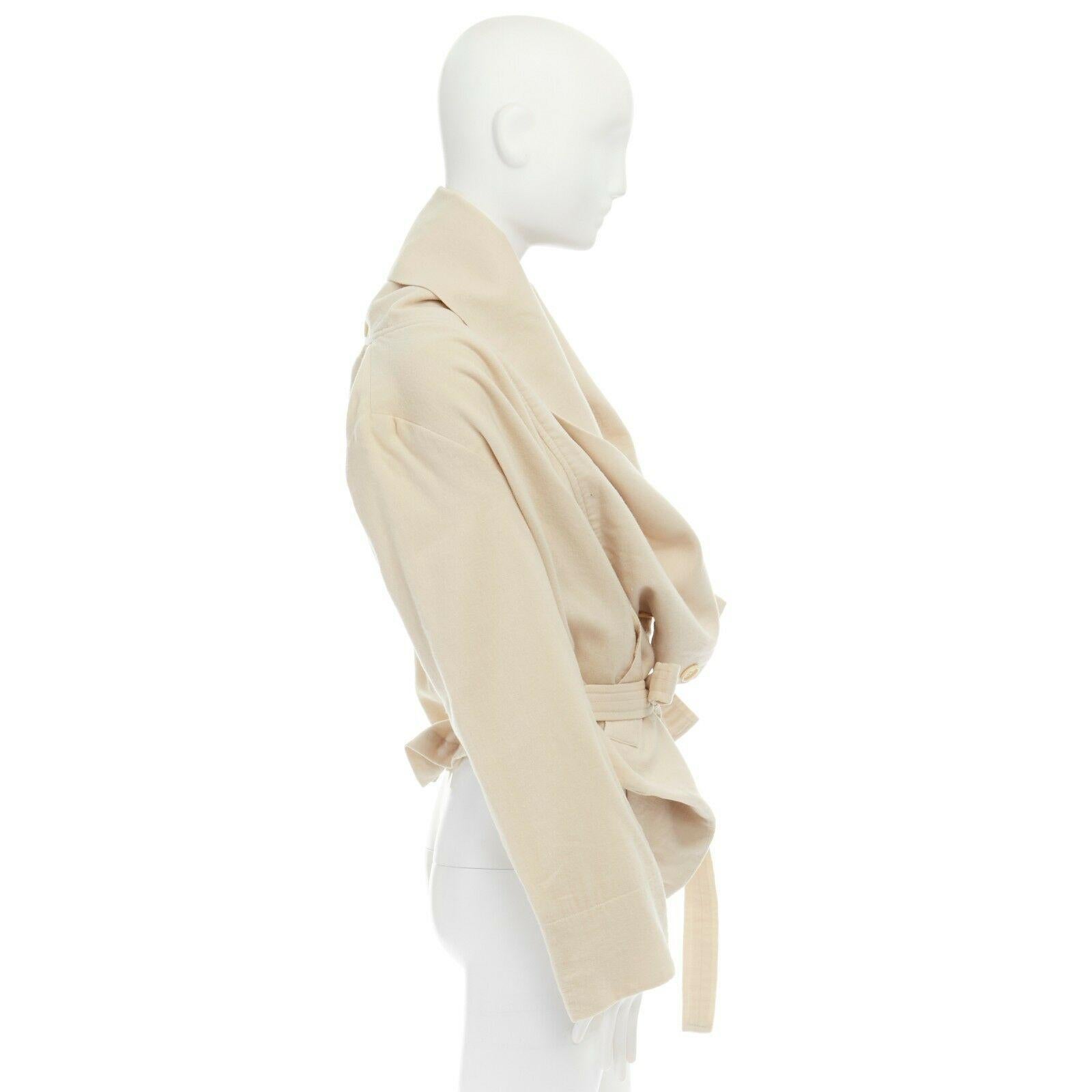 ANN DEMEULEMEESTER beige wool linen draped collar belted oversized jacket FR36 S 1