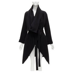 ANN DEMEULEMEESTER black draped collar belted robe cutaway coat FR36 S