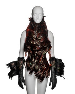 Ann Demeulemeester Black Feathered Waistcoat and Leather Gloves Set, FW 2010