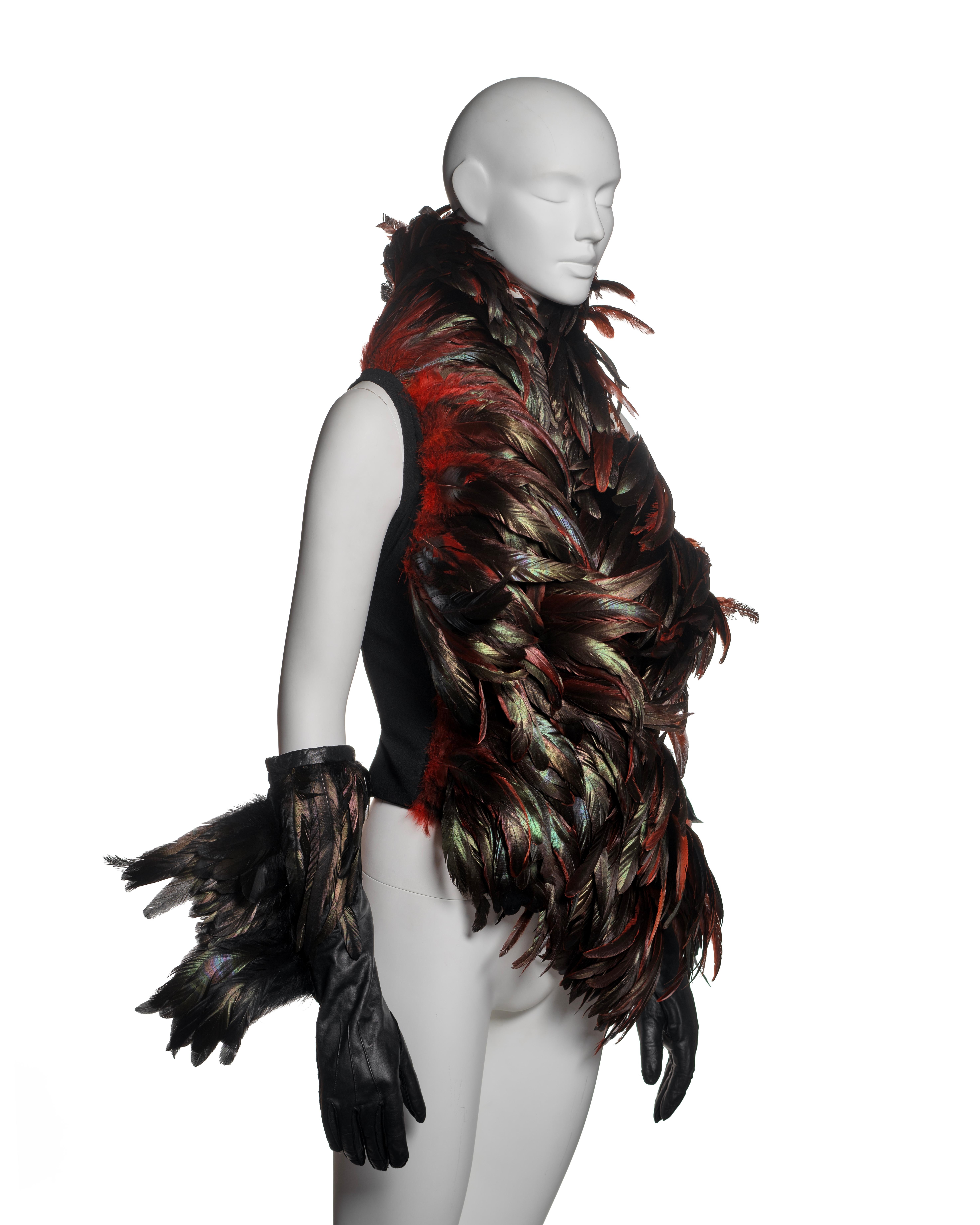 De las mujeres Conjunto de chaleco de plumas negras y guantes de piel Ann Demeulemeester, FW 2010
