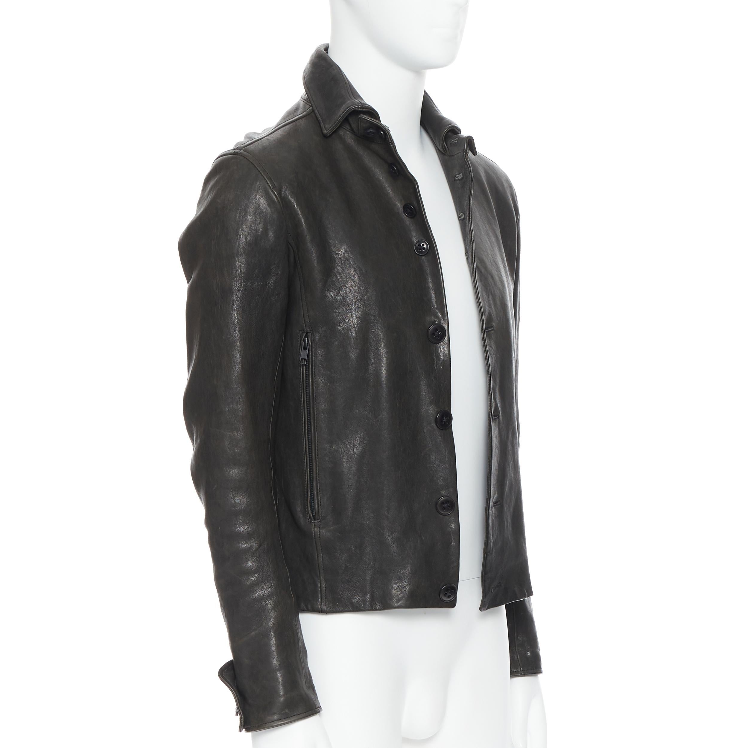ANN DEMEULEMEESTER black leather dual collar button front fitted jacket XS Reference: PRCN/A00048 Brand: Ann Demeulemeester Material: Leather Color: Black Pattern: Solid Closure: Button Extra Detail: Genuine leather. Layered collar design. Button