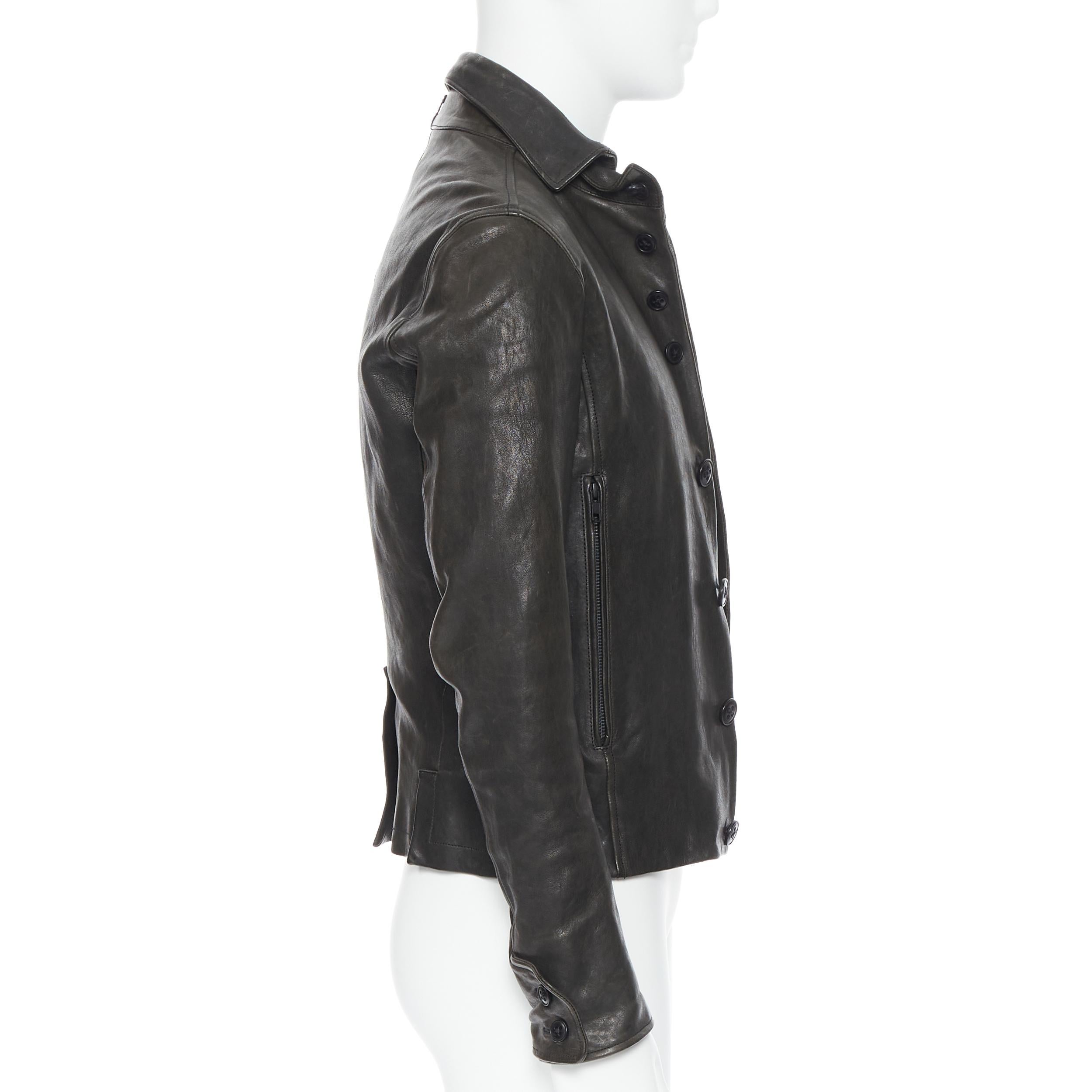 Black ANN DEMEULEMEESTER black leather dual collar button front fitted jacket XS