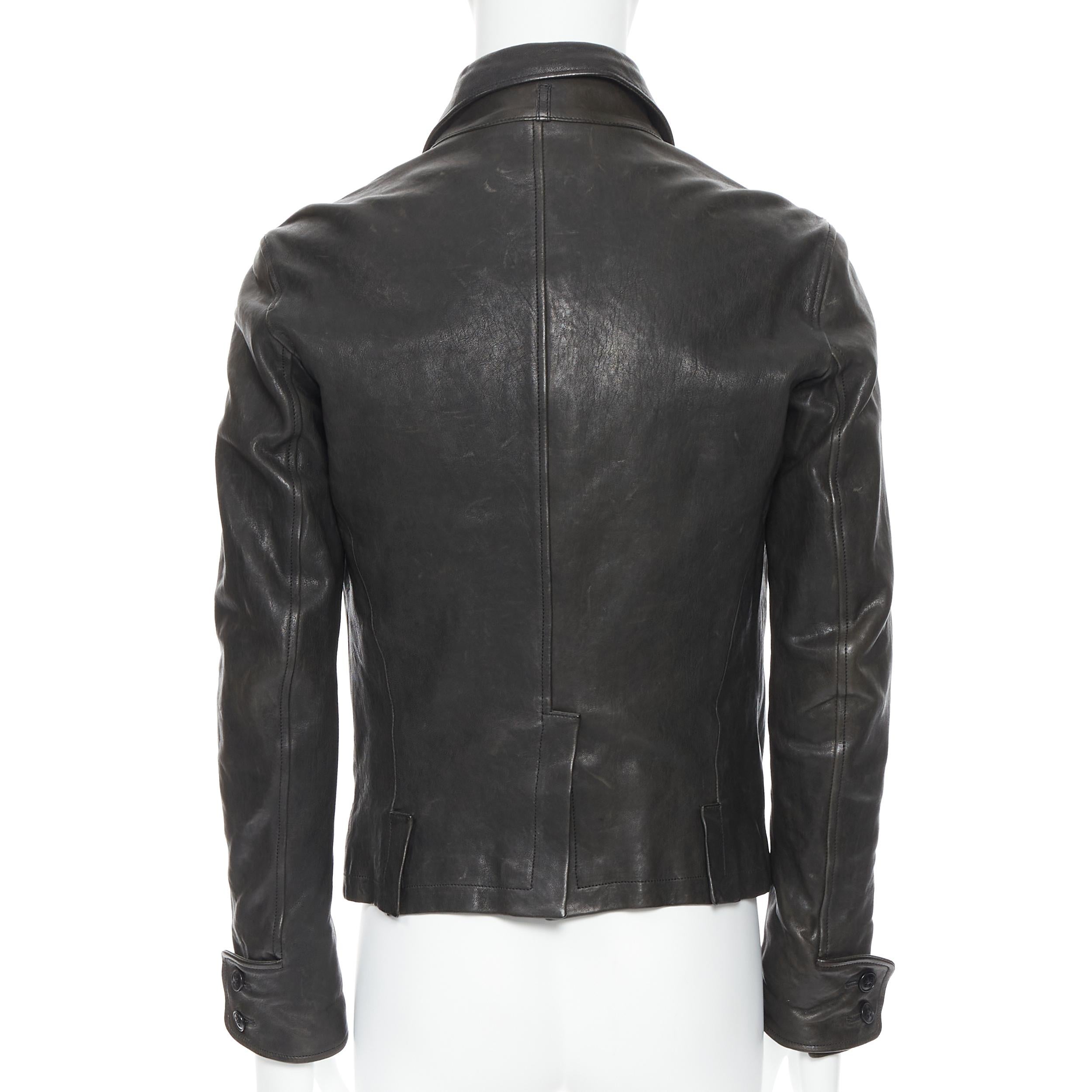 ANN DEMEULEMEESTER black leather dual collar button front fitted jacket XS In Good Condition In Hong Kong, NT