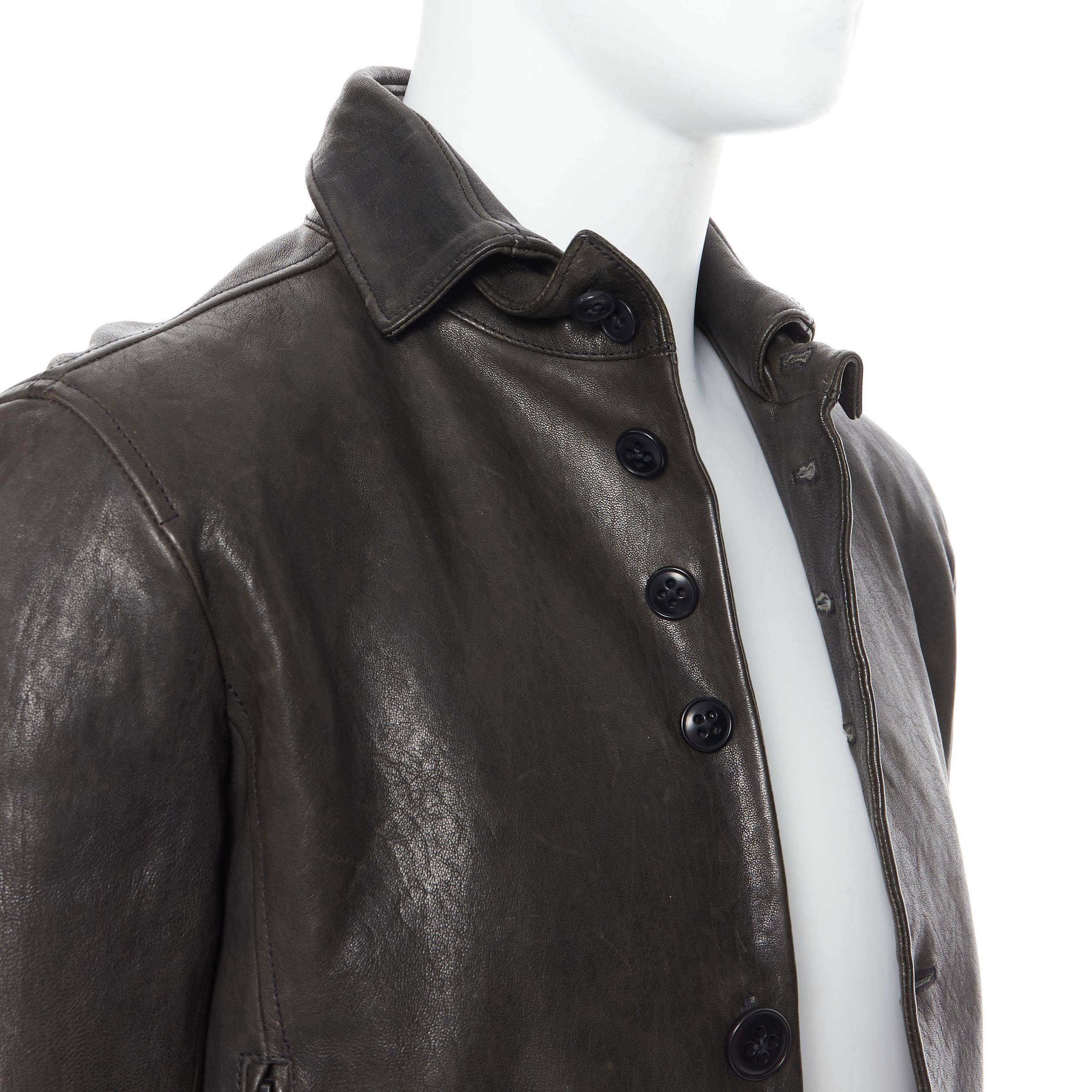 ANN DEMEULEMEESTER black leather dual collar button front fitted jacket XS 1