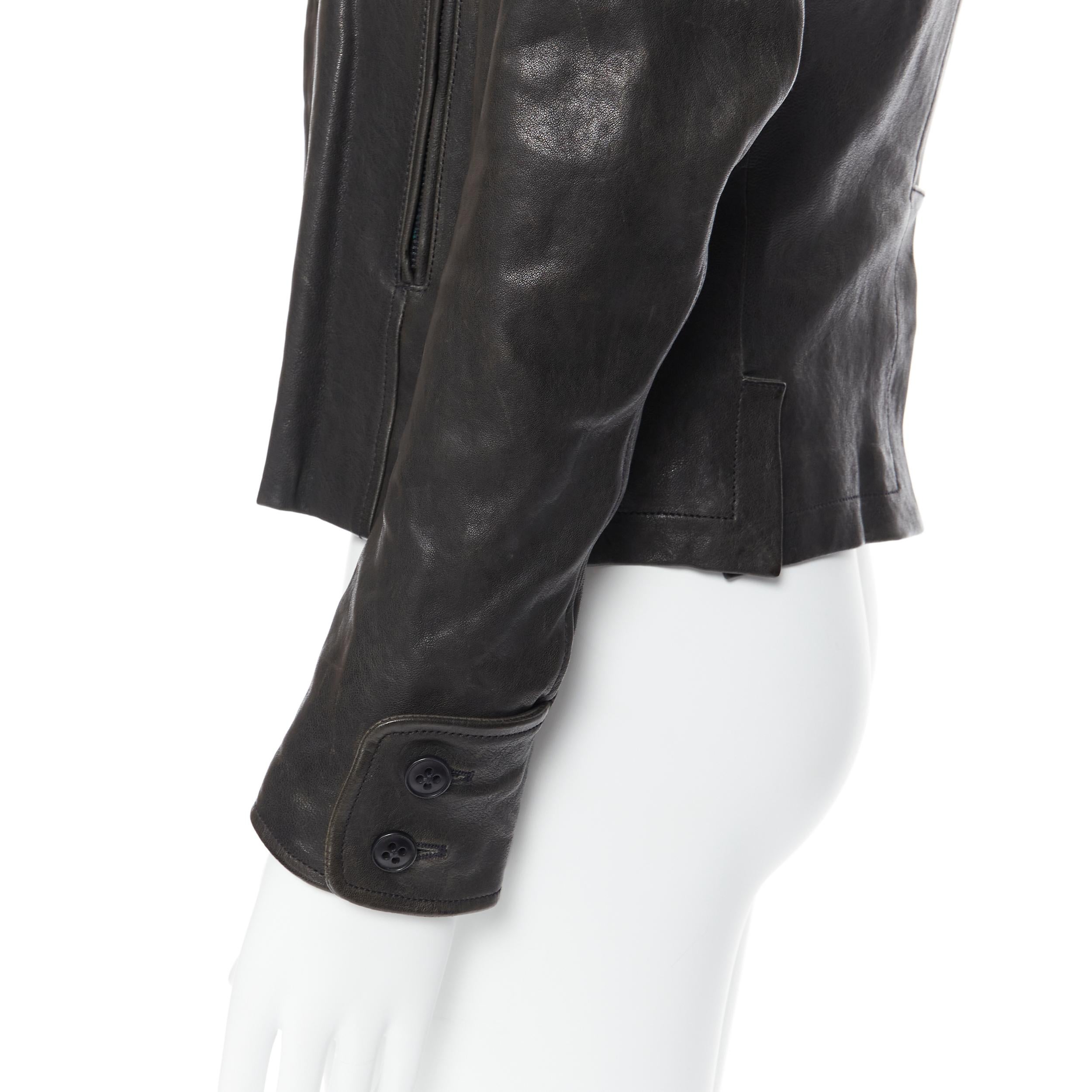 ANN DEMEULEMEESTER black leather dual collar button front fitted jacket XS 2