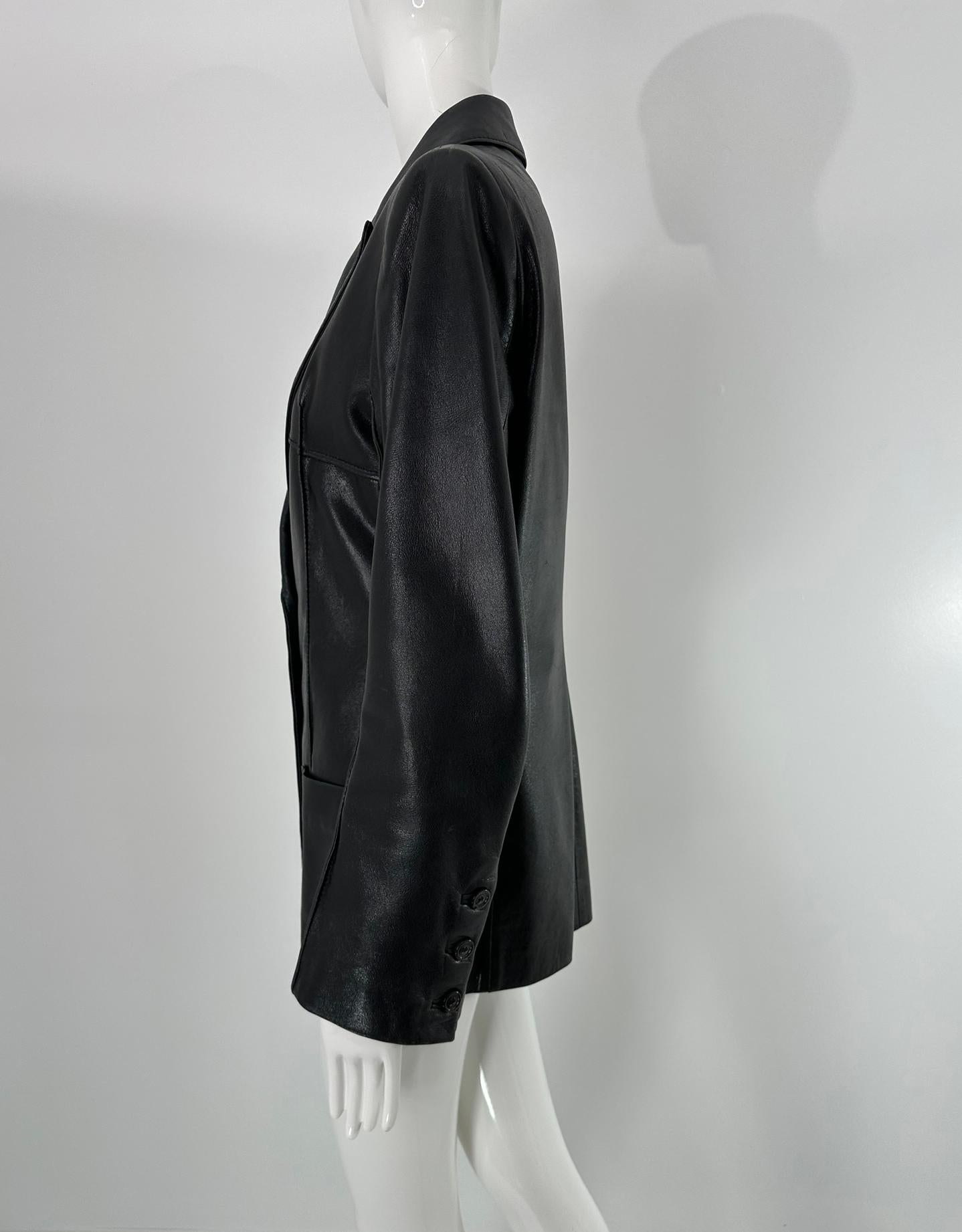 Ann Demeulemeester Black Leather Top Stitched Patch Pocket Button Front Jacket For Sale 6