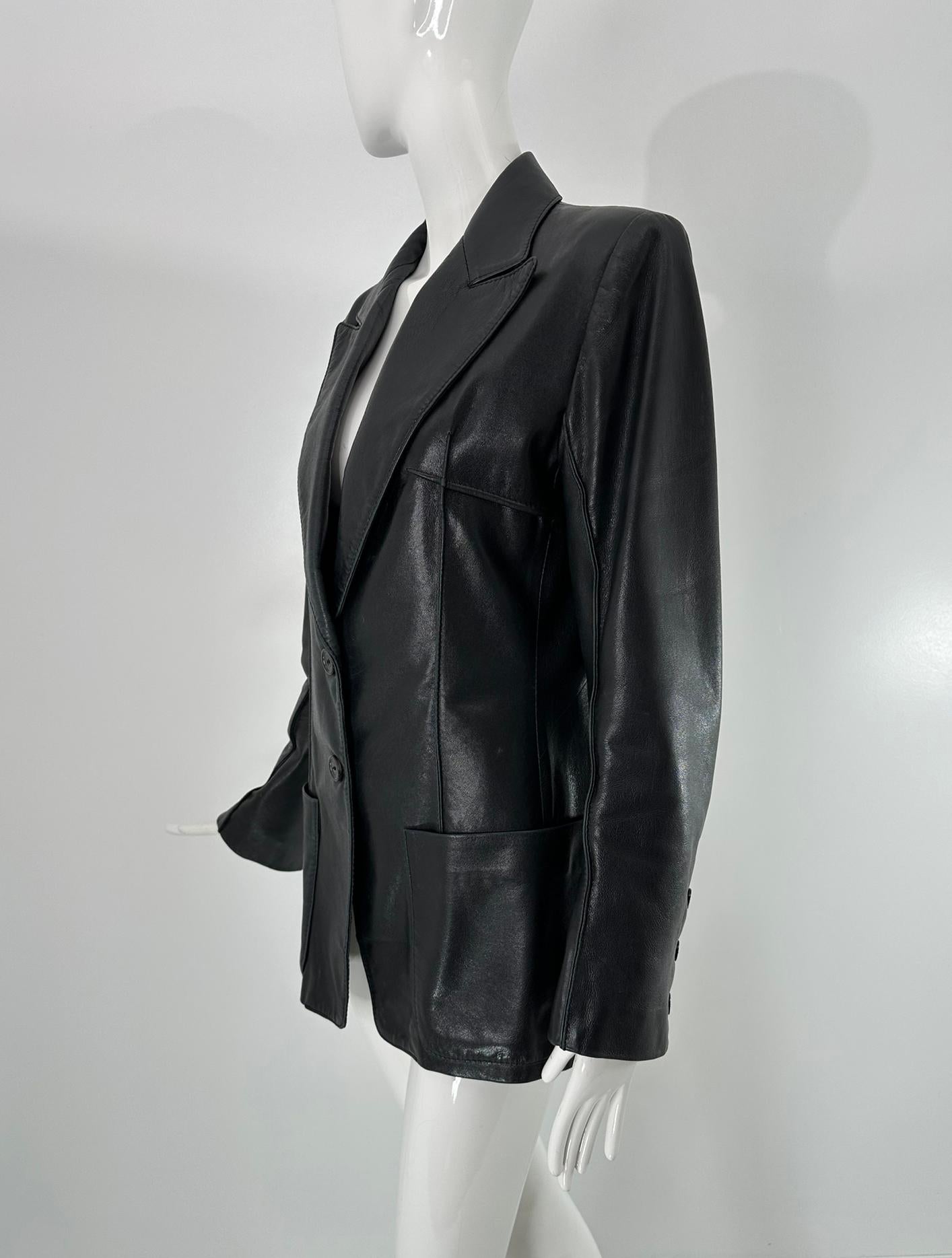 Ann Demeulemeester Black Leather Top Stitched Patch Pocket Button Front Jacket For Sale 7