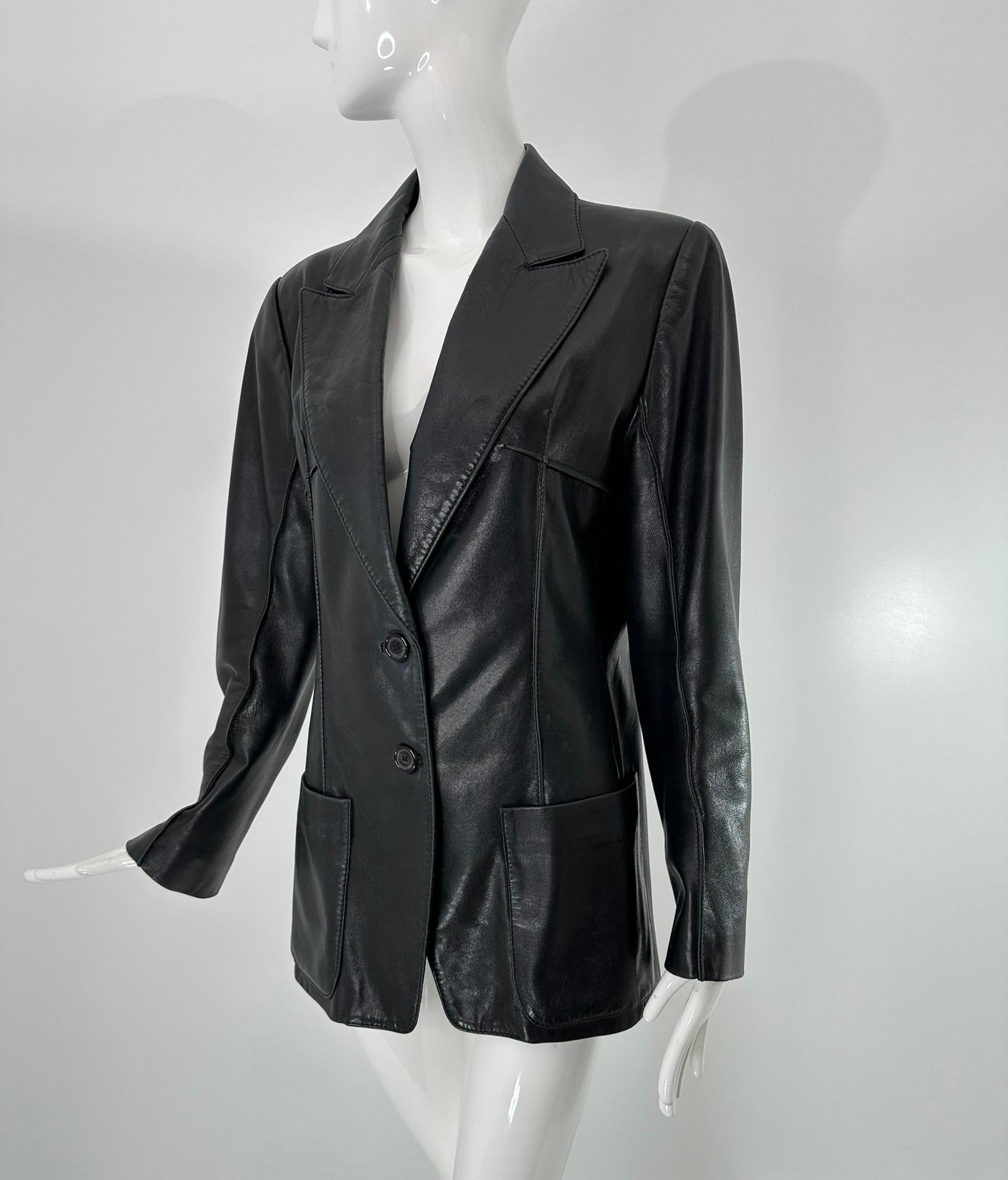 Ann Demeulemeester Black Leather Top Stitched Patch Pocket Button Front Jacket For Sale 8