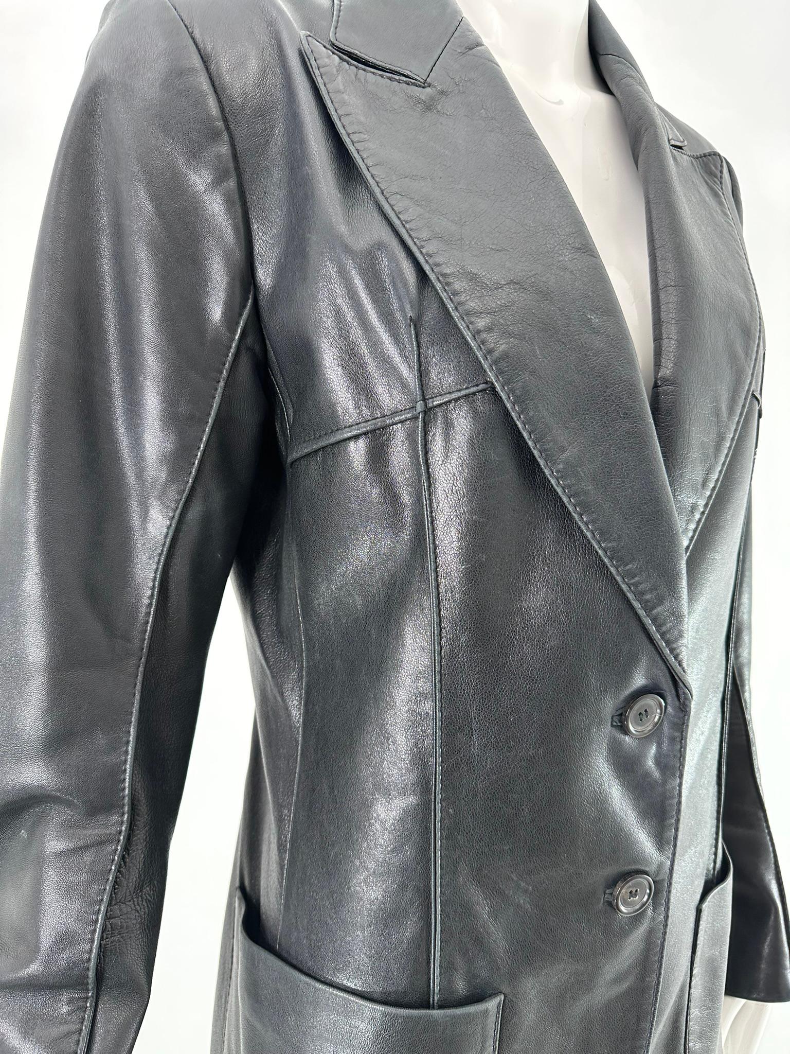 Ann Demeulemeester Black Leather Top Stitched Patch Pocket Button Front Jacket For Sale 9