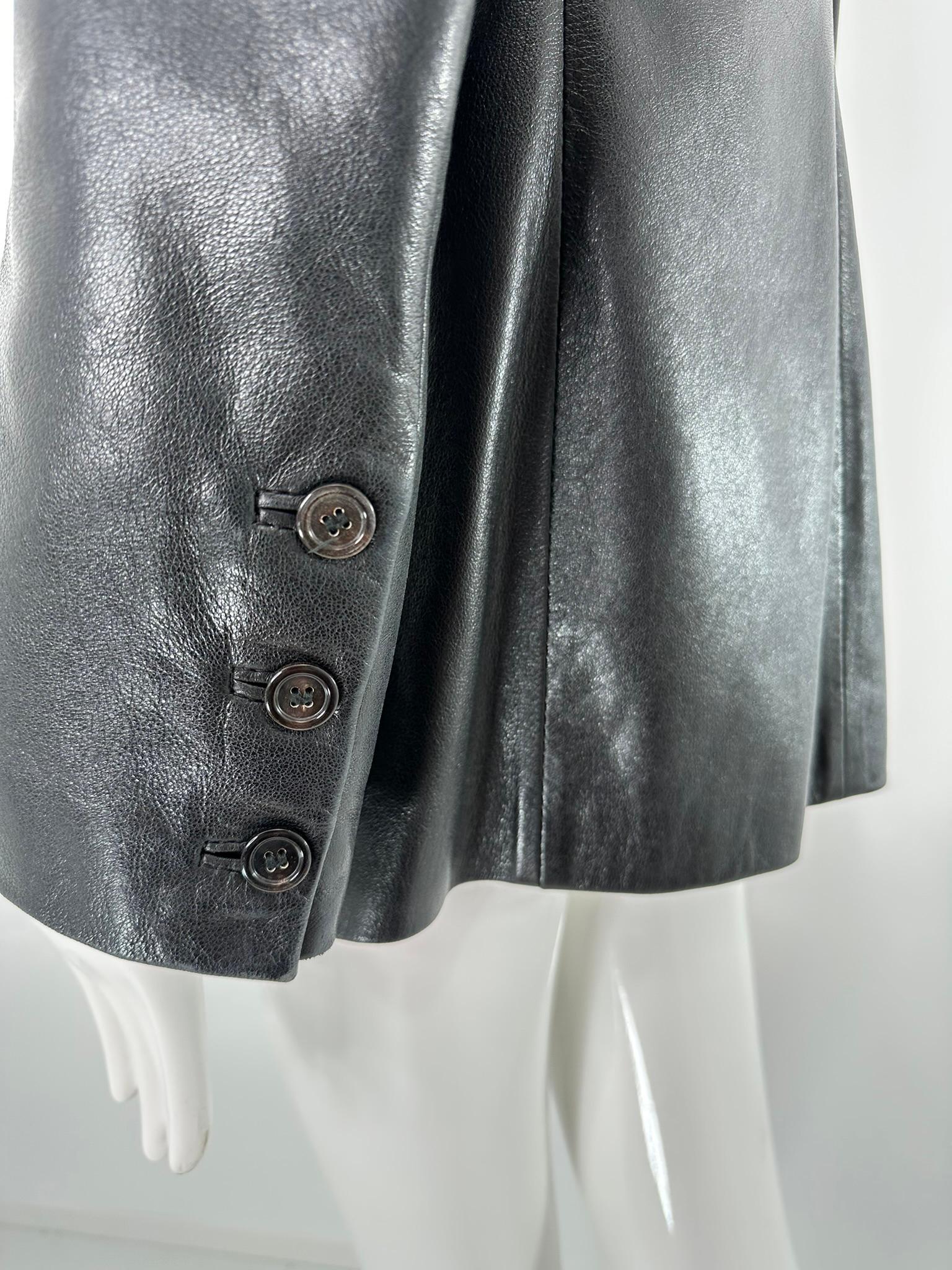 Ann Demeulemeester Black Leather Top Stitched Patch Pocket Button Front Jacket For Sale 10