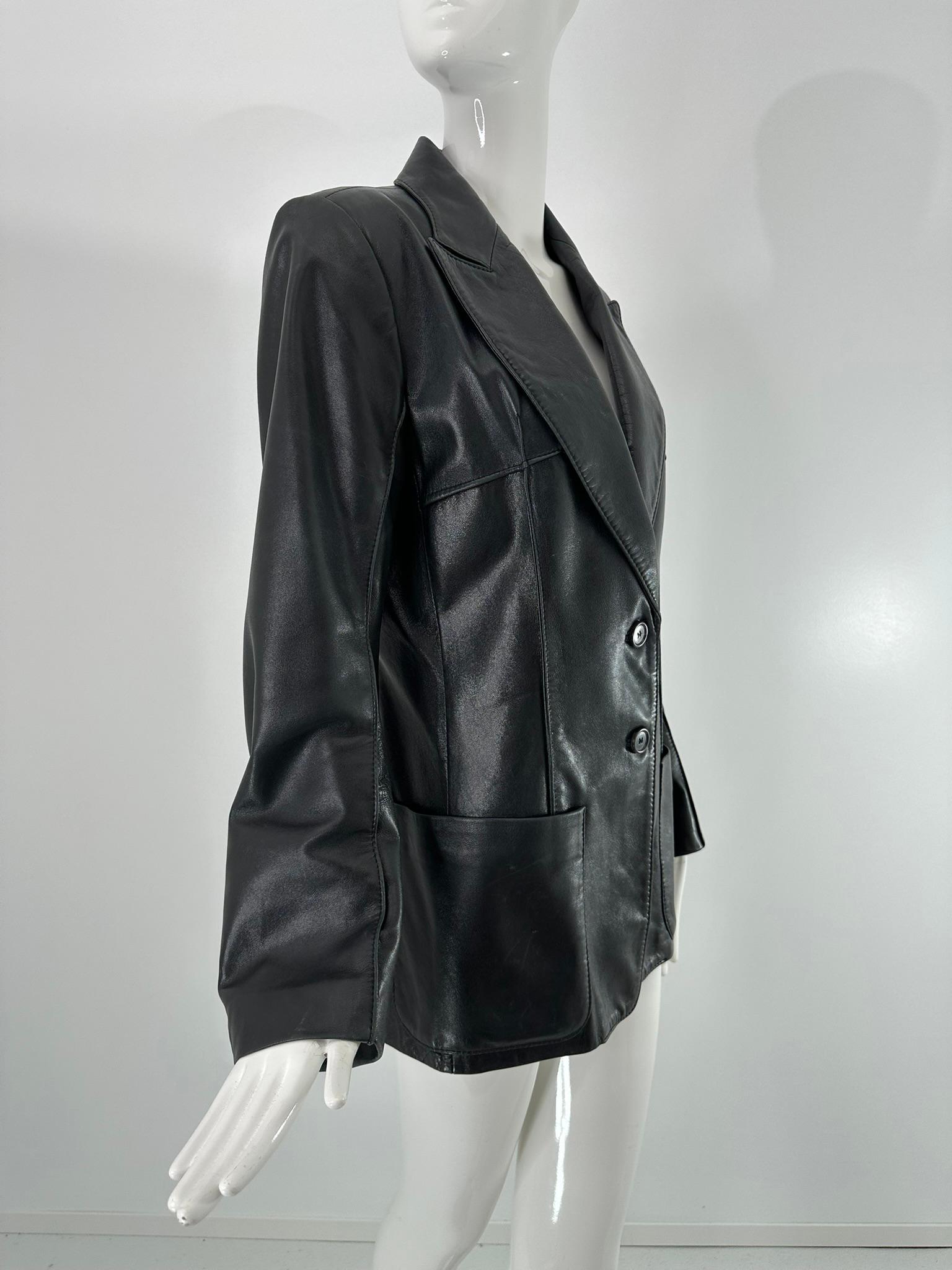 Ann Demeulemeester Black Leather Top Stitched Patch Pocket Button Front Jacket In Good Condition For Sale In West Palm Beach, FL