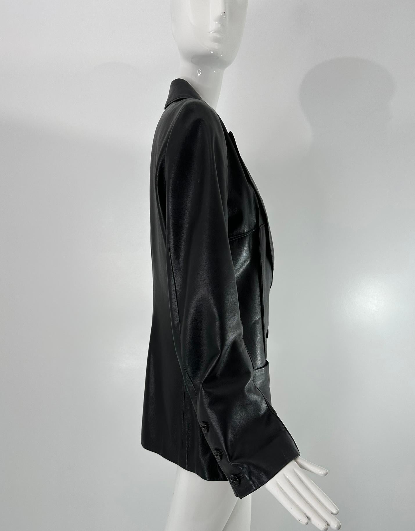 Women's Ann Demeulemeester Black Leather Top Stitched Patch Pocket Button Front Jacket For Sale