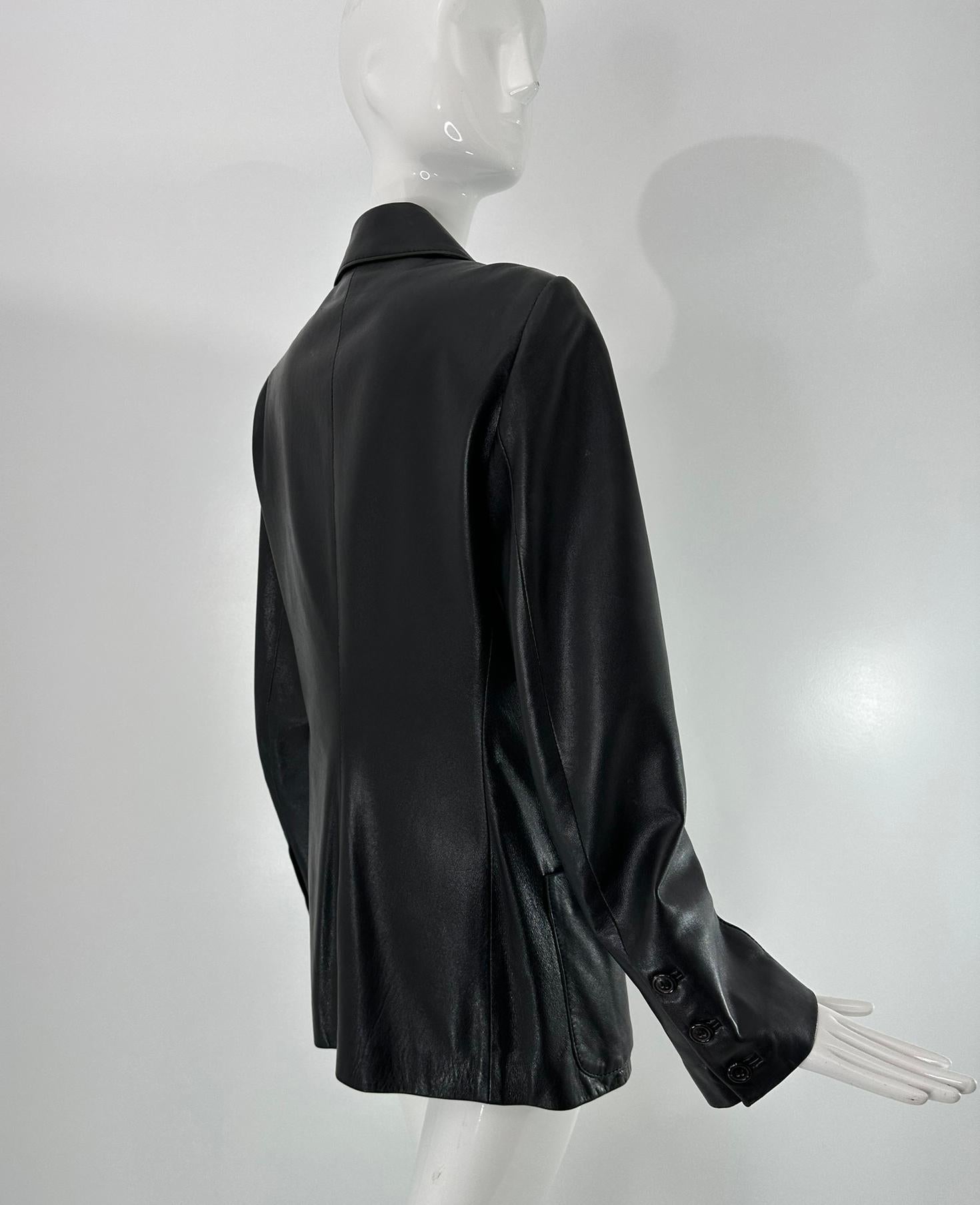 Ann Demeulemeester Black Leather Top Stitched Patch Pocket Button Front Jacket For Sale 1