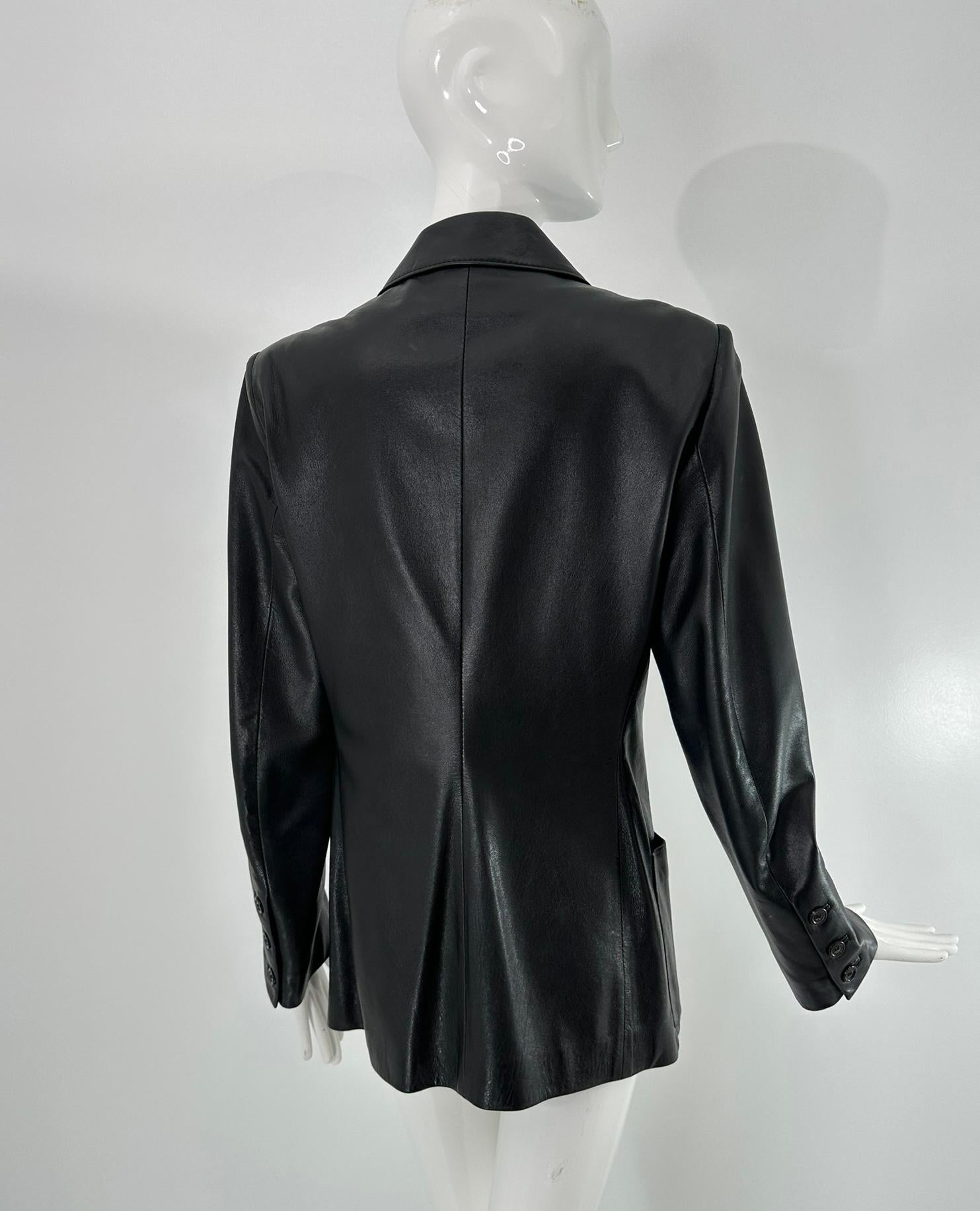 Ann Demeulemeester Black Leather Top Stitched Patch Pocket Button Front Jacket For Sale 2