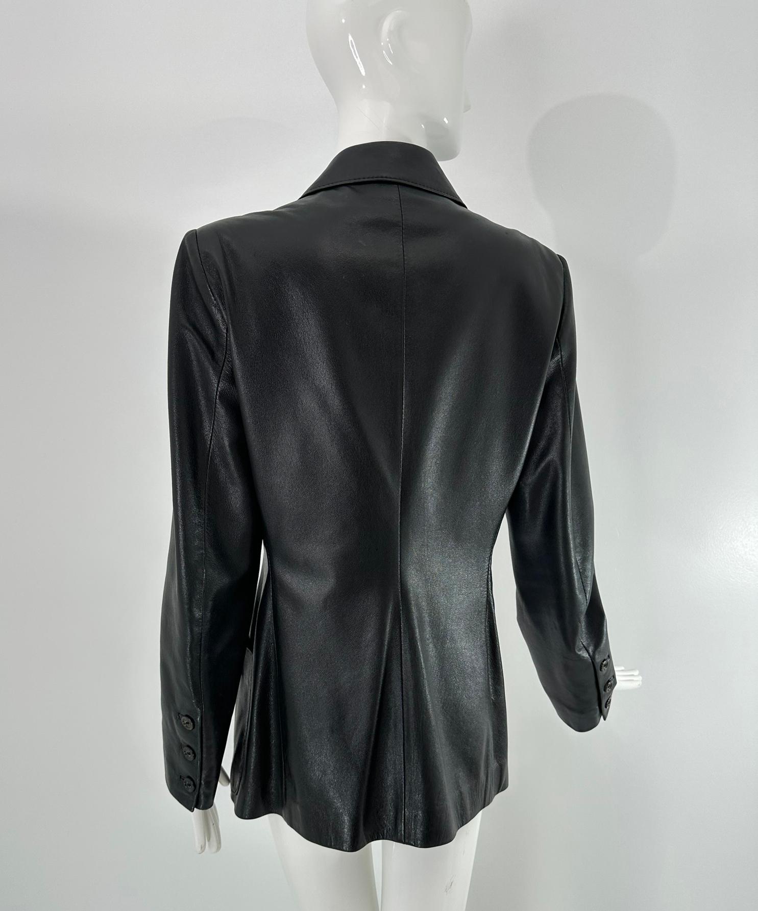 Ann Demeulemeester Black Leather Top Stitched Patch Pocket Button Front Jacket For Sale 3