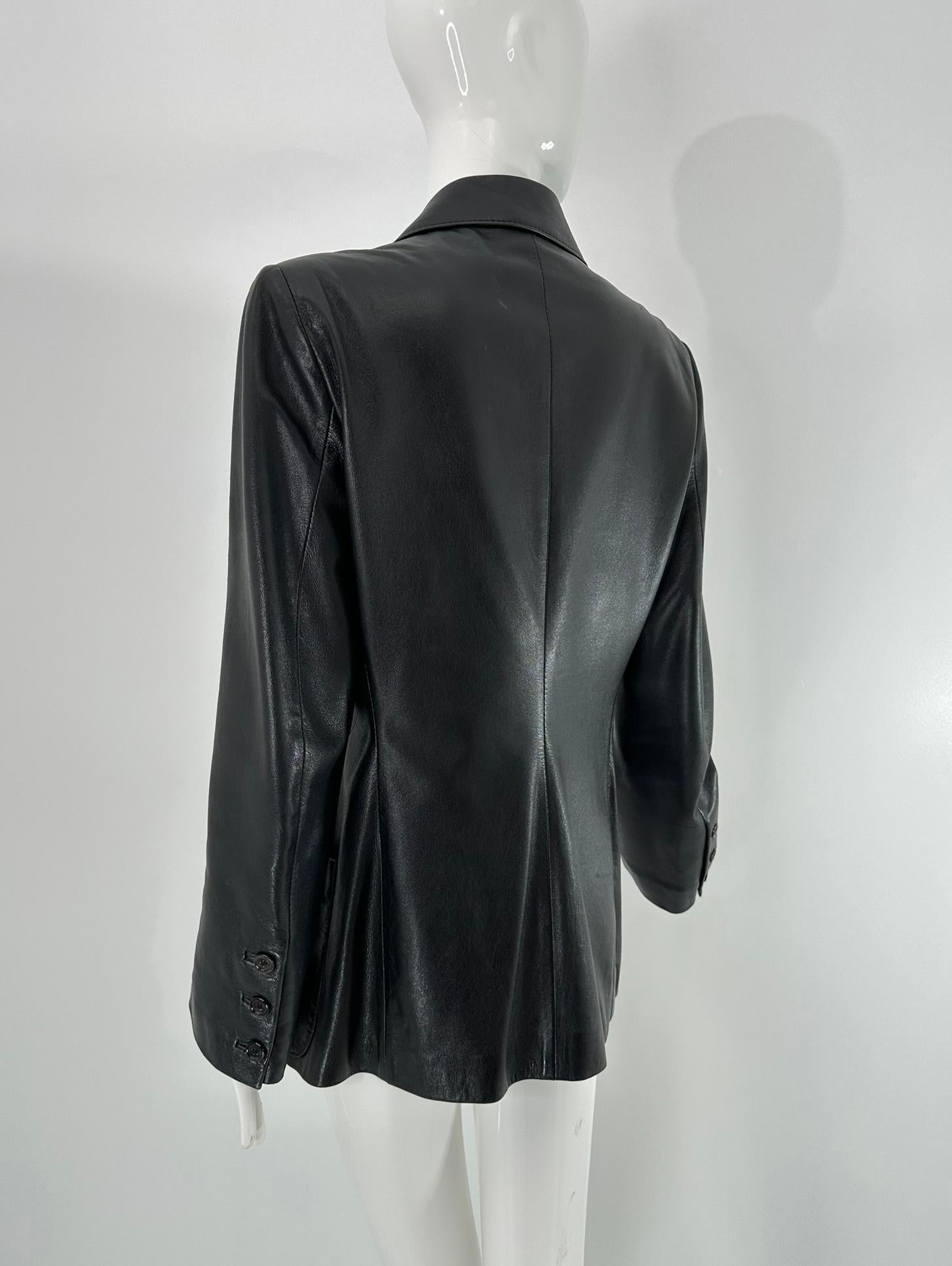 Ann Demeulemeester Black Leather Top Stitched Patch Pocket Button Front Jacket For Sale 4