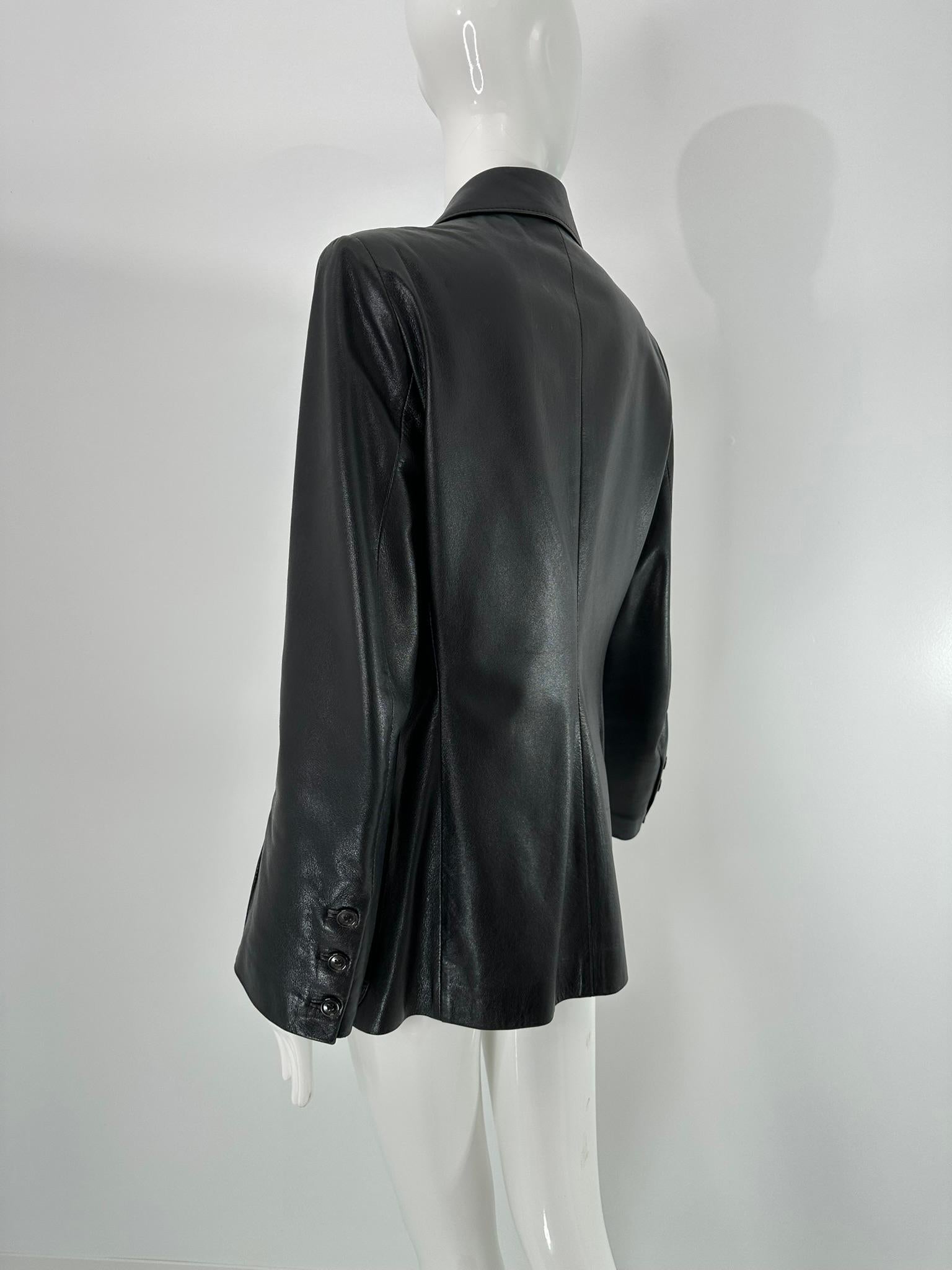 Ann Demeulemeester Black Leather Top Stitched Patch Pocket Button Front Jacket For Sale 5