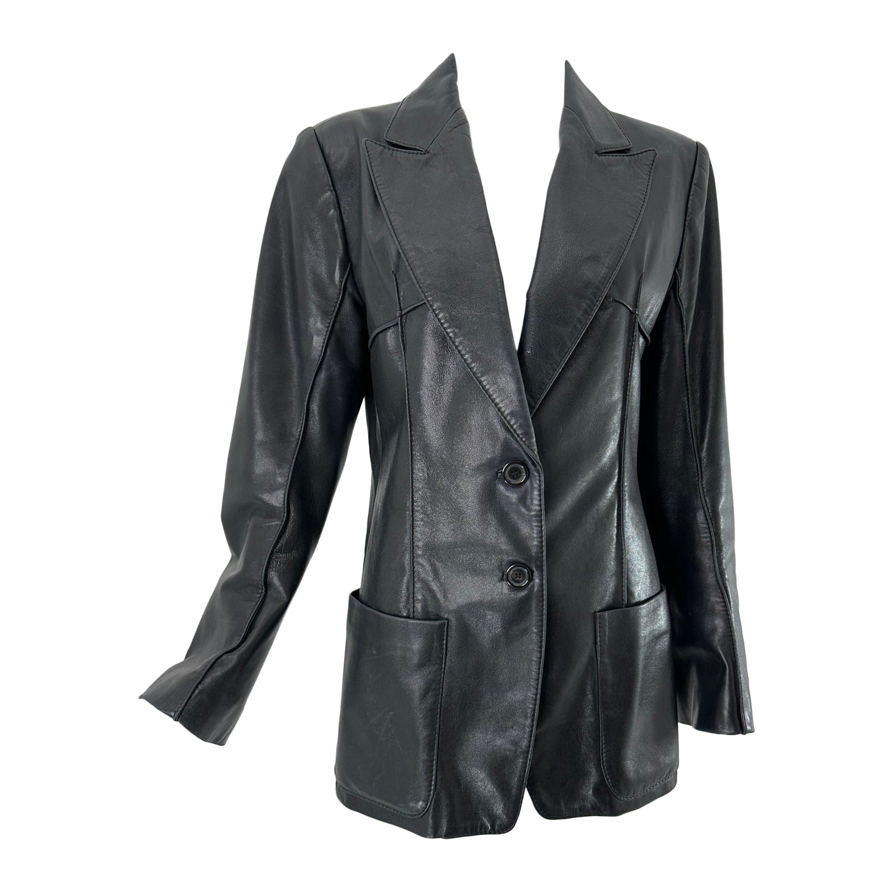 Ann Demeulemeester Black Leather Top Stitched Patch Pocket Button Front Jacket