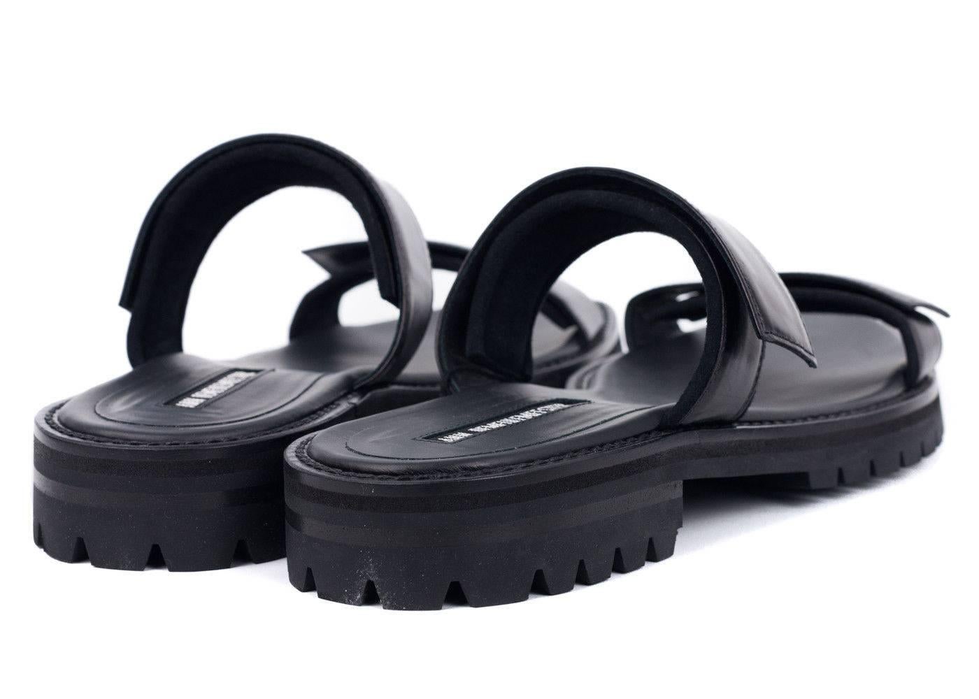 Men's Ann Demeulemeester Black Leather Velcro Strap Sandals For Sale