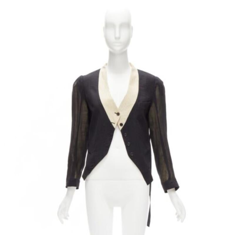ANN DEMEULEMEESTER black overlay sheer cream topstitched jacket FR36 S For Sale 7