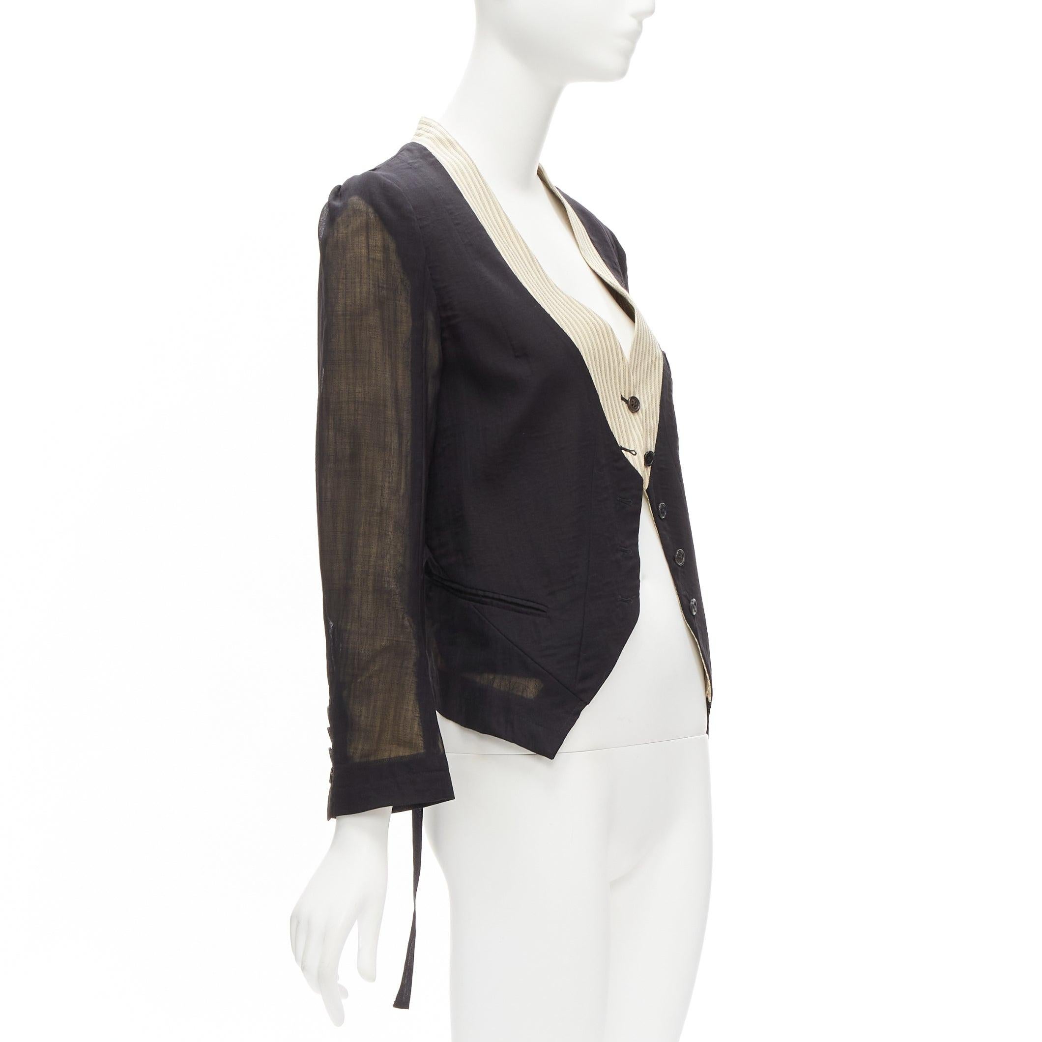 ANN DEMEULEMEESTER black overlay sheer cream topstitched jacket FR36 S In Good Condition For Sale In Hong Kong, NT