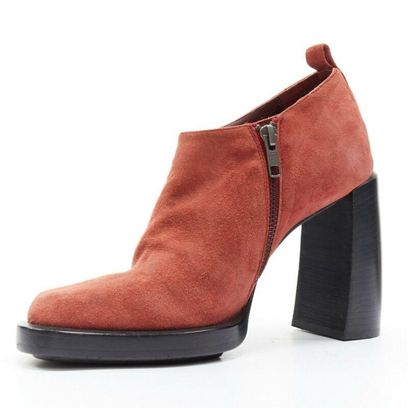 ANN DEMEULEMEESTER burnt red suede platform curved chunky heel bootie EU38 In New Condition In Hong Kong, NT