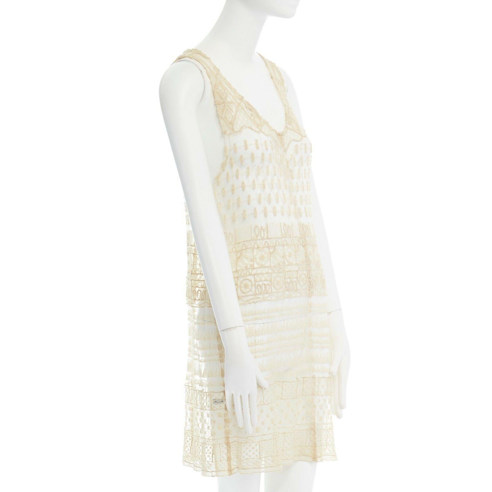 Beige ANN DEMEULEMEESTER cream embroidered net mesh sheer sleeveless dress FR38 M