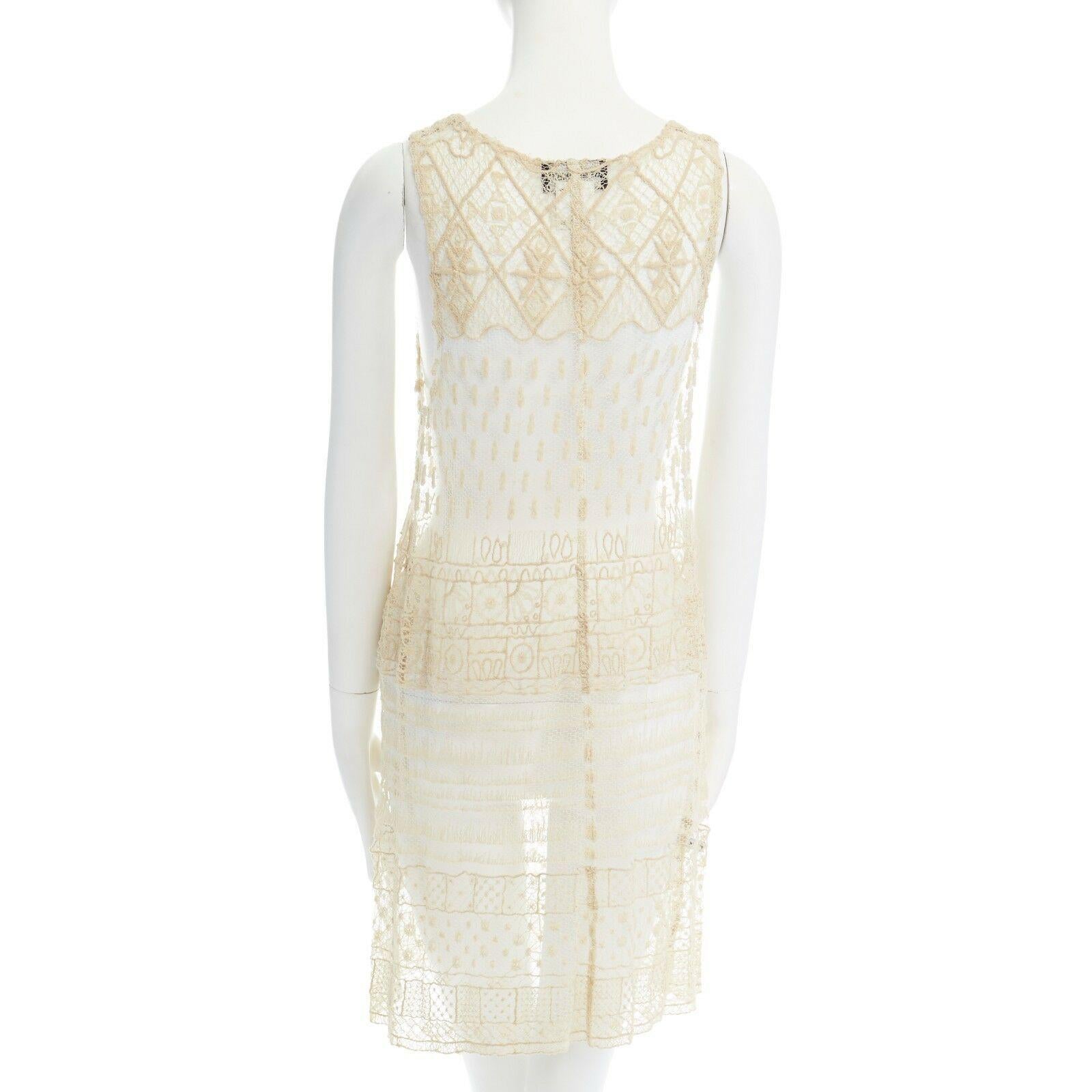 Women's ANN DEMEULEMEESTER cream embroidered net mesh sheer sleeveless dress FR38 M