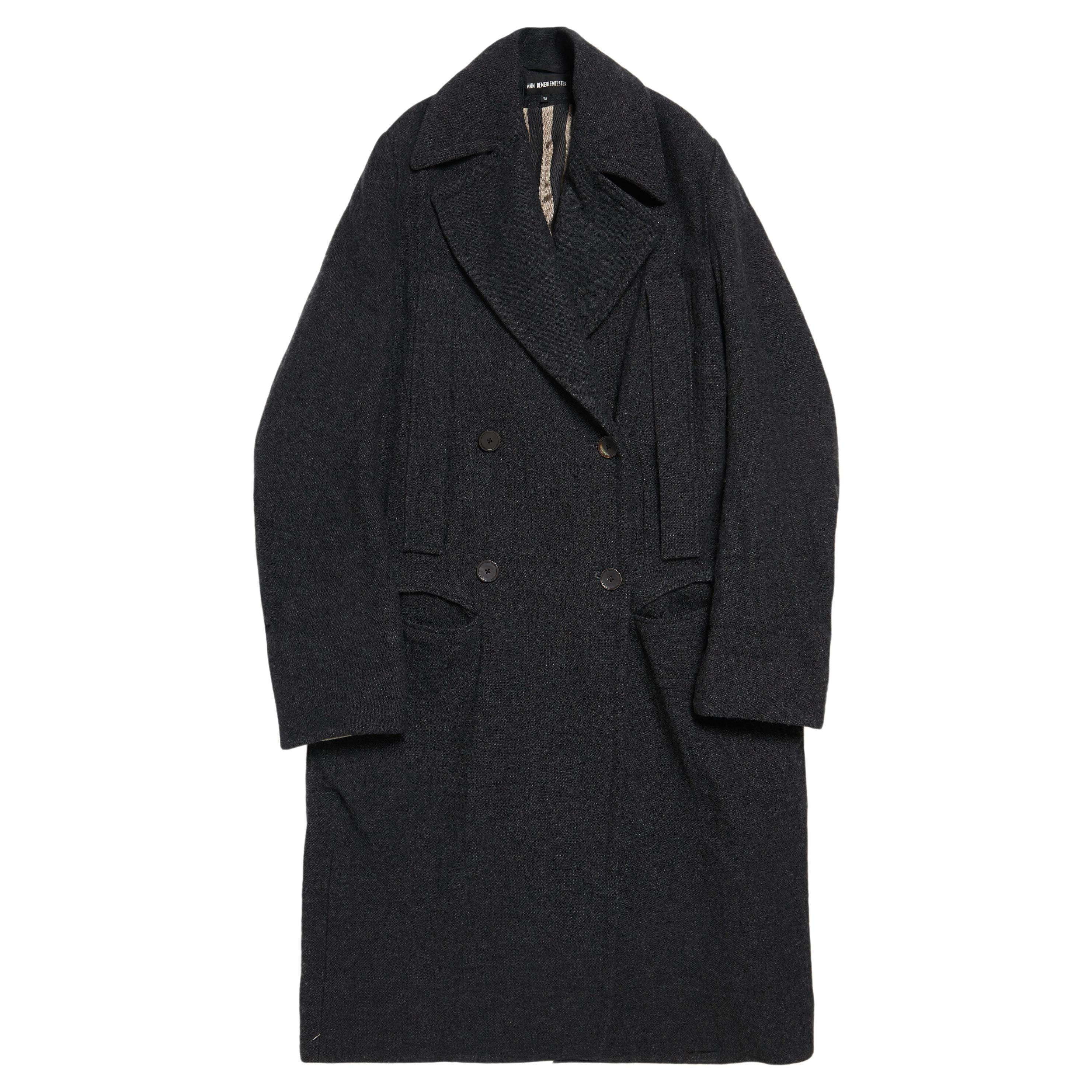 Ann Demeulemeester Dark Gray Button Linen Woolen Elongated Coat For Sale