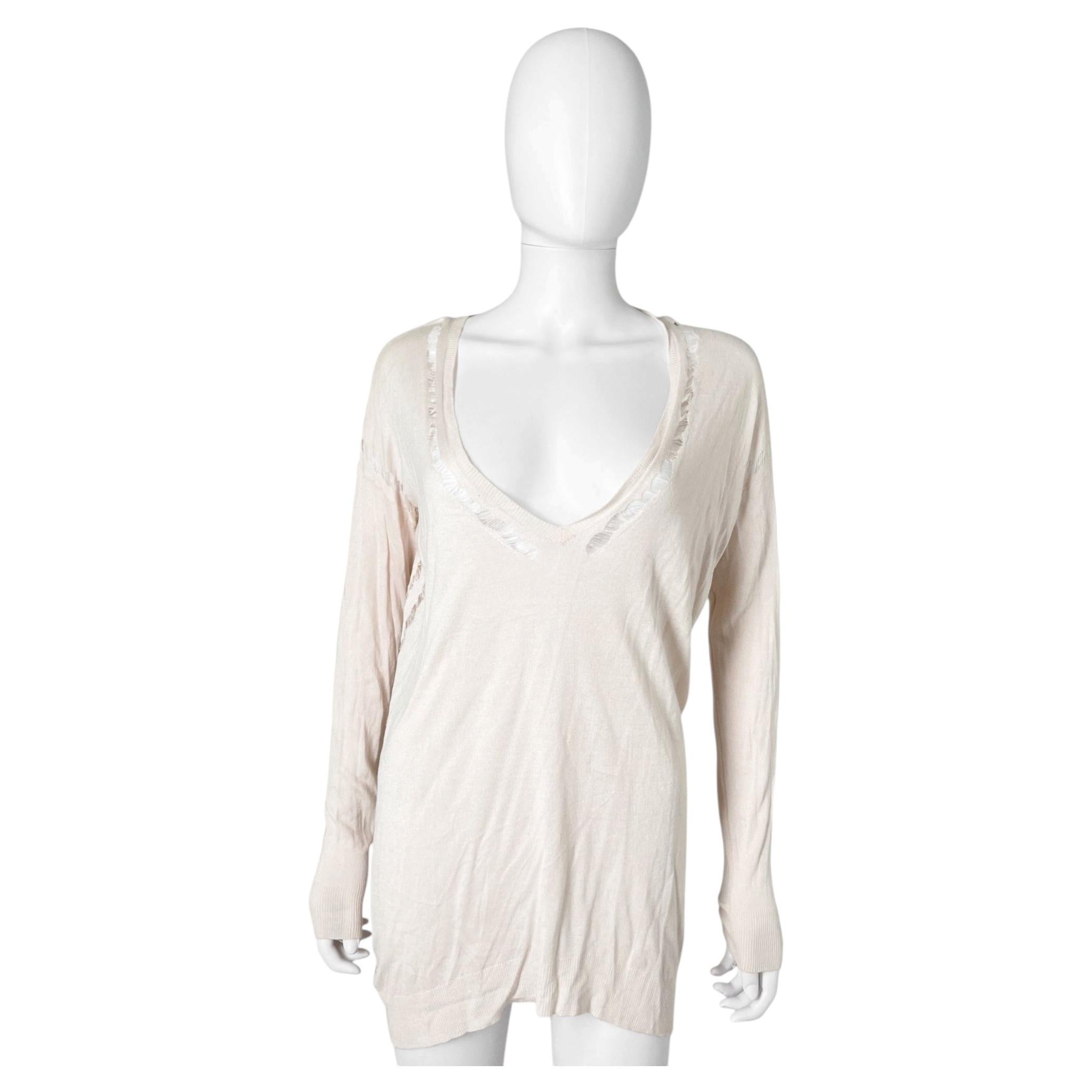 Pre-owned Ann Demeulemeester Early 2000's Ivory Pink Distressed Knit Longline Top In White