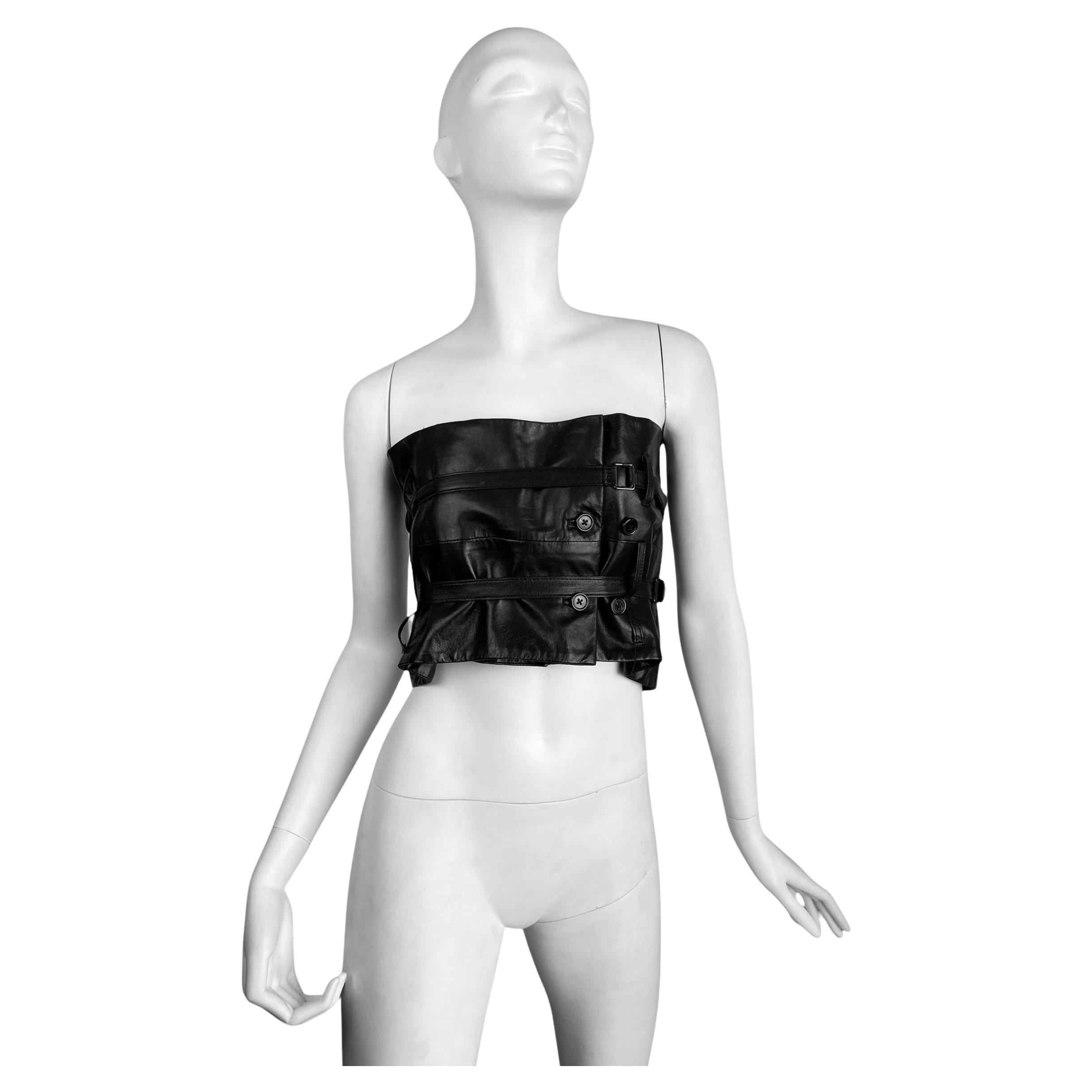 ANN DEMEULEMEESTER fw2010 BLACK LEATHER STRAPS BONDAGE BUSTIER TOP/CORSET For Sale