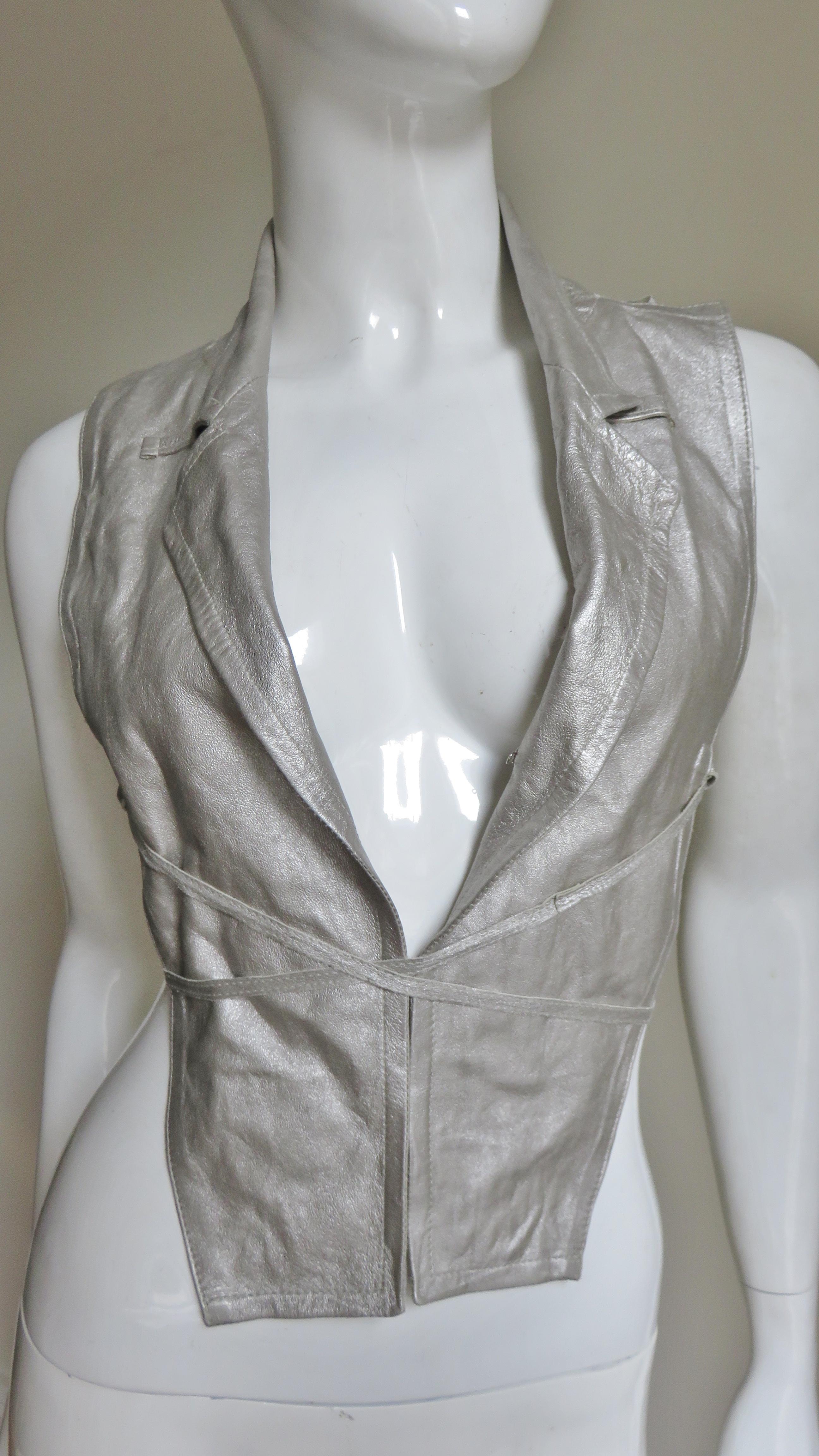 Gray Ann Demeulemeester Leather Backless Lace up Vest For Sale