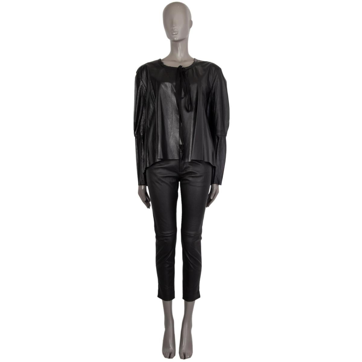 100% authentic Ann Demeulemeester open jacket in black leather. Ties with drawstring at the neck. Unlined. Has been worn and is in excellent condition. 

Measurements
Tag Size	42
Size	L
Shoulder Width	47cm (18.3in)
Bust From	138cm (53.8in)
Waist