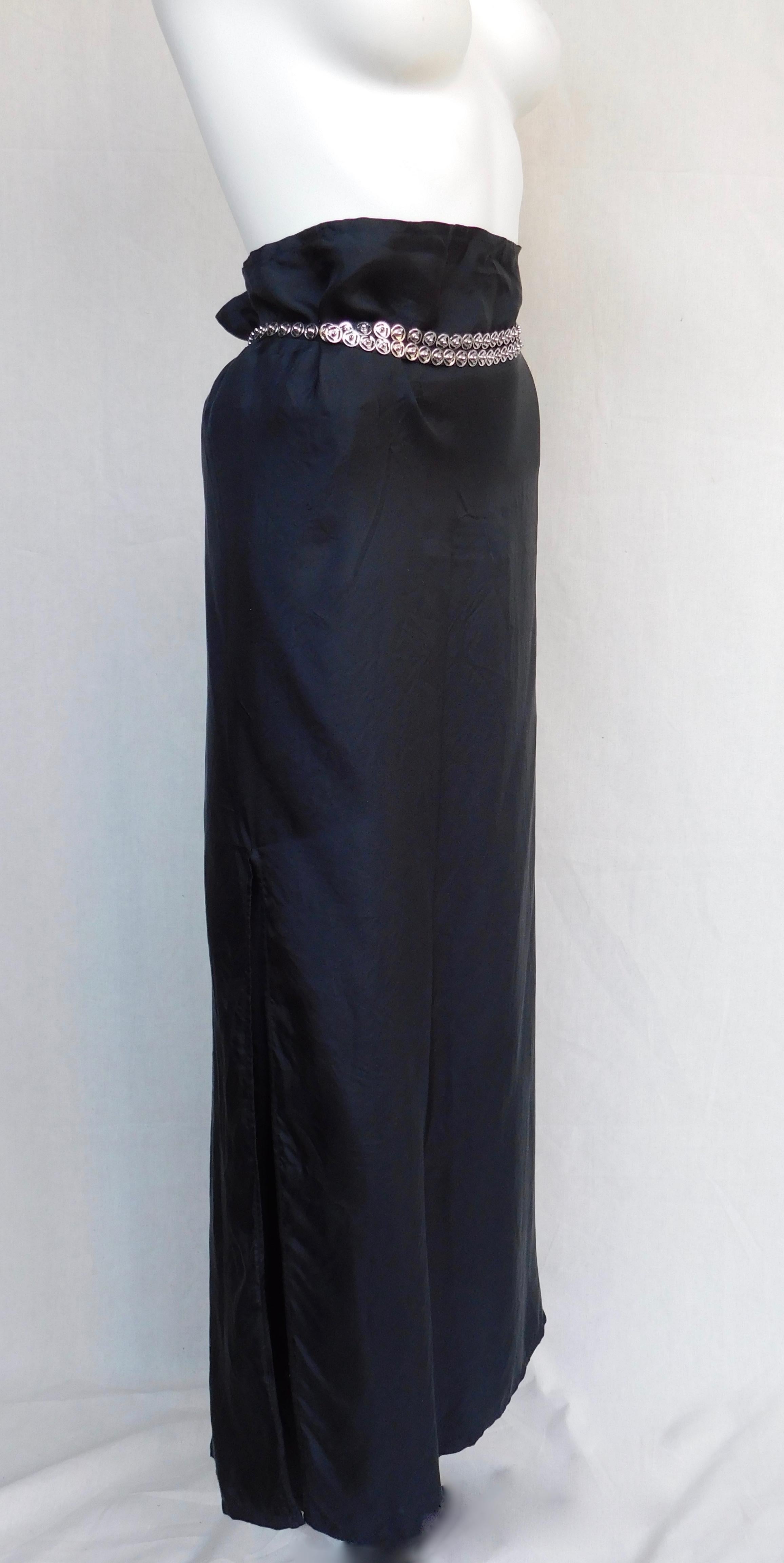 Women's Ann Demeulemeester Long Black Silk Skirt With Steel Snap Belt
